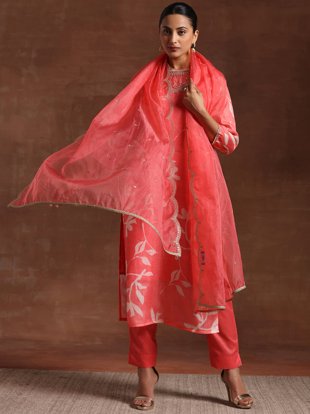 Coral Printed Organza Straight Suit With Dupatta