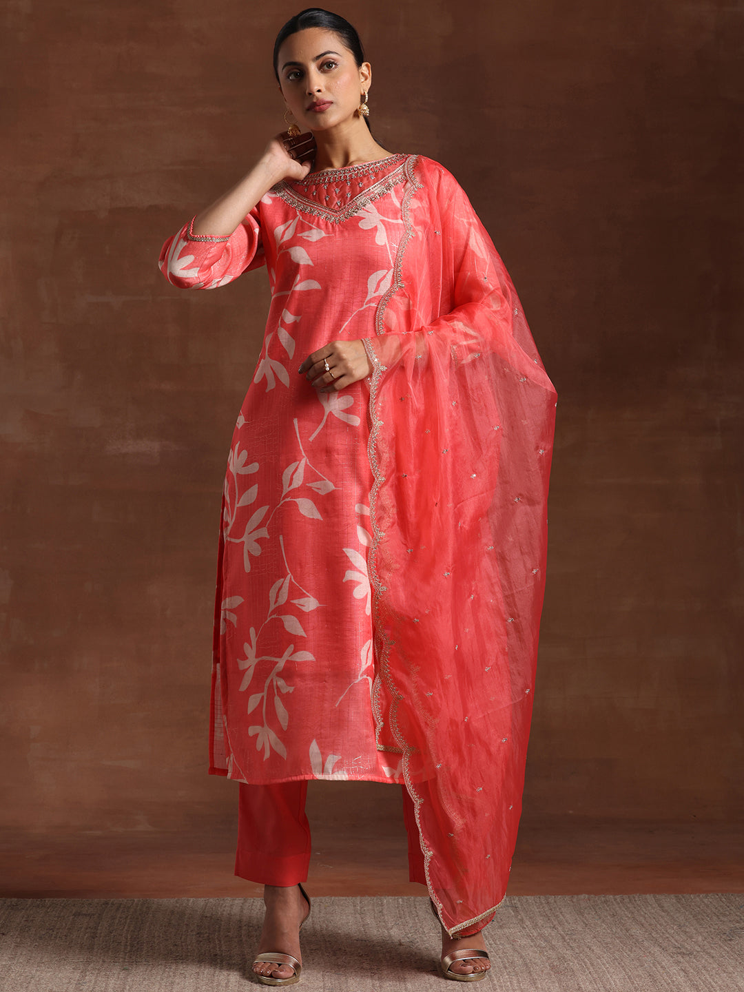 Coral Printed Organza Straight Suit With Dupatta