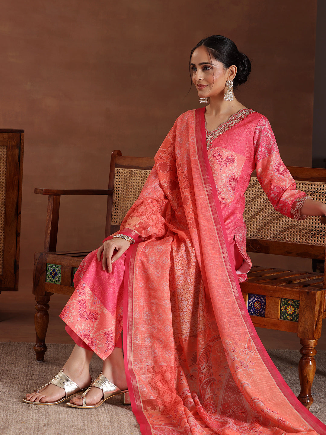 Pink Printed Linen Straight Suit With Dupatta