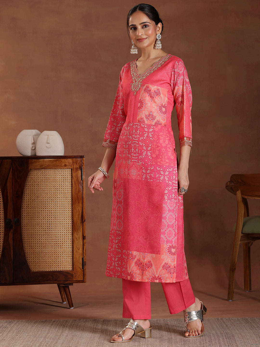 Pink Printed Linen Straight Suit With Dupatta