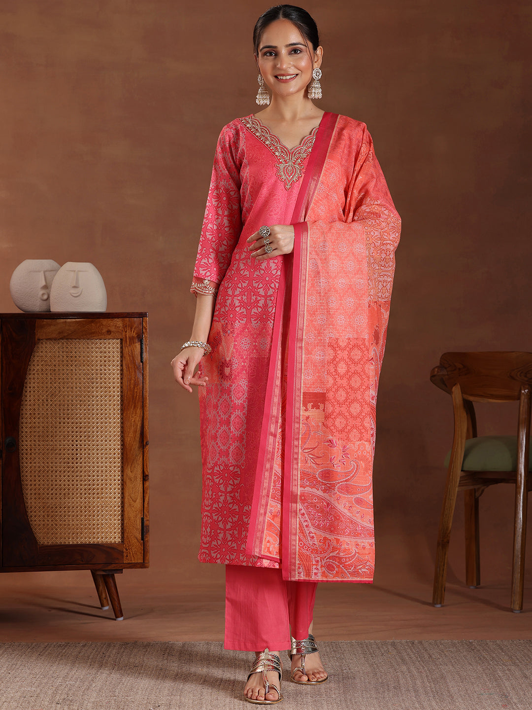 Pink Printed Linen Straight Suit With Dupatta