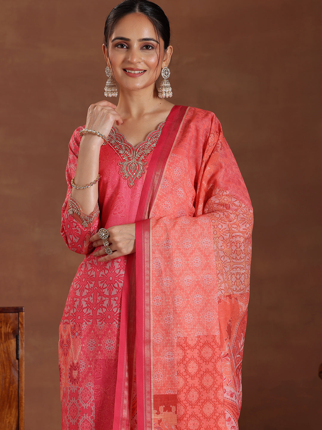 Pink Printed Linen Straight Suit With Dupatta