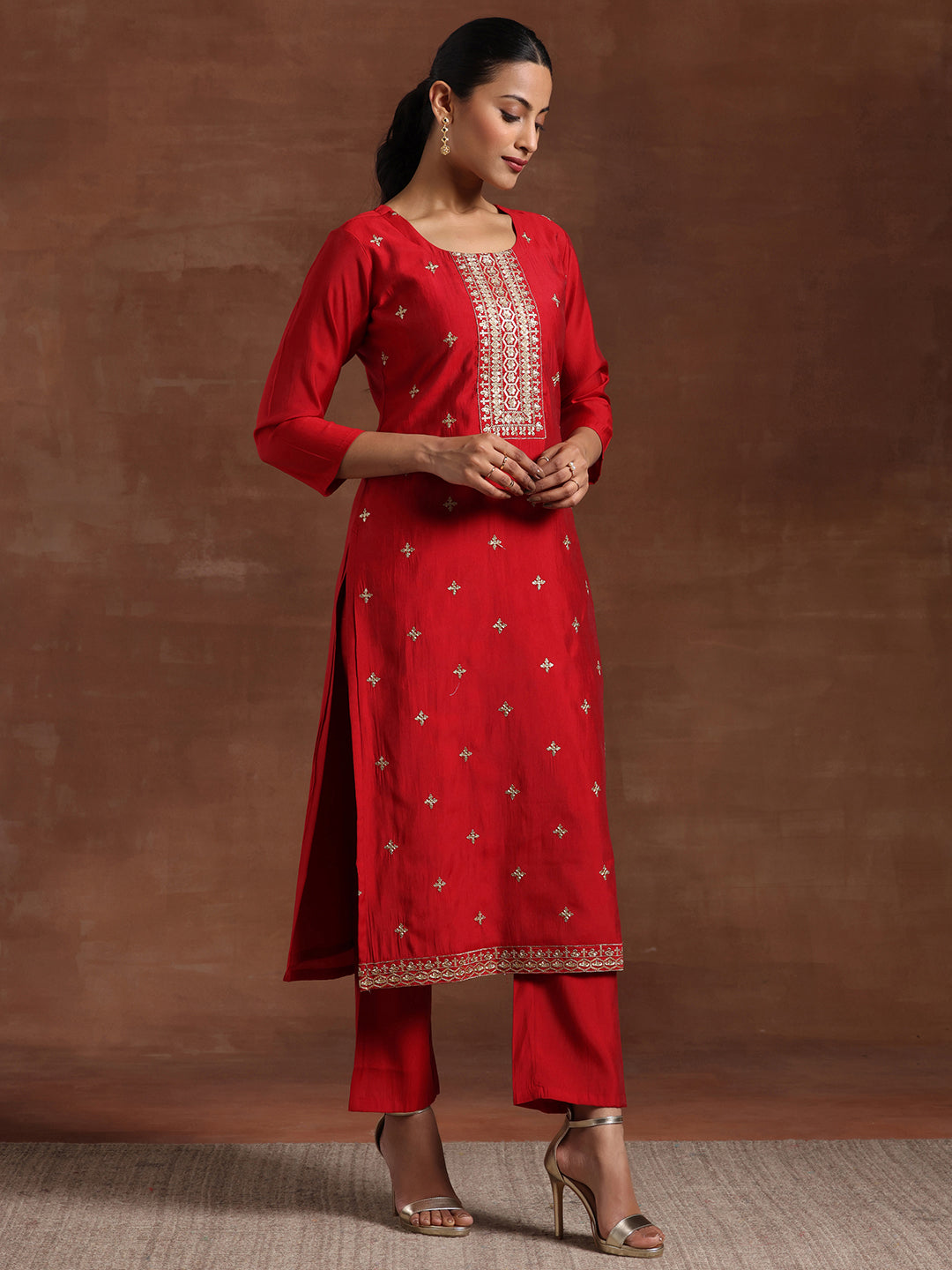 Maroon Self Design Silk Blend Straight Suit With Dupatta