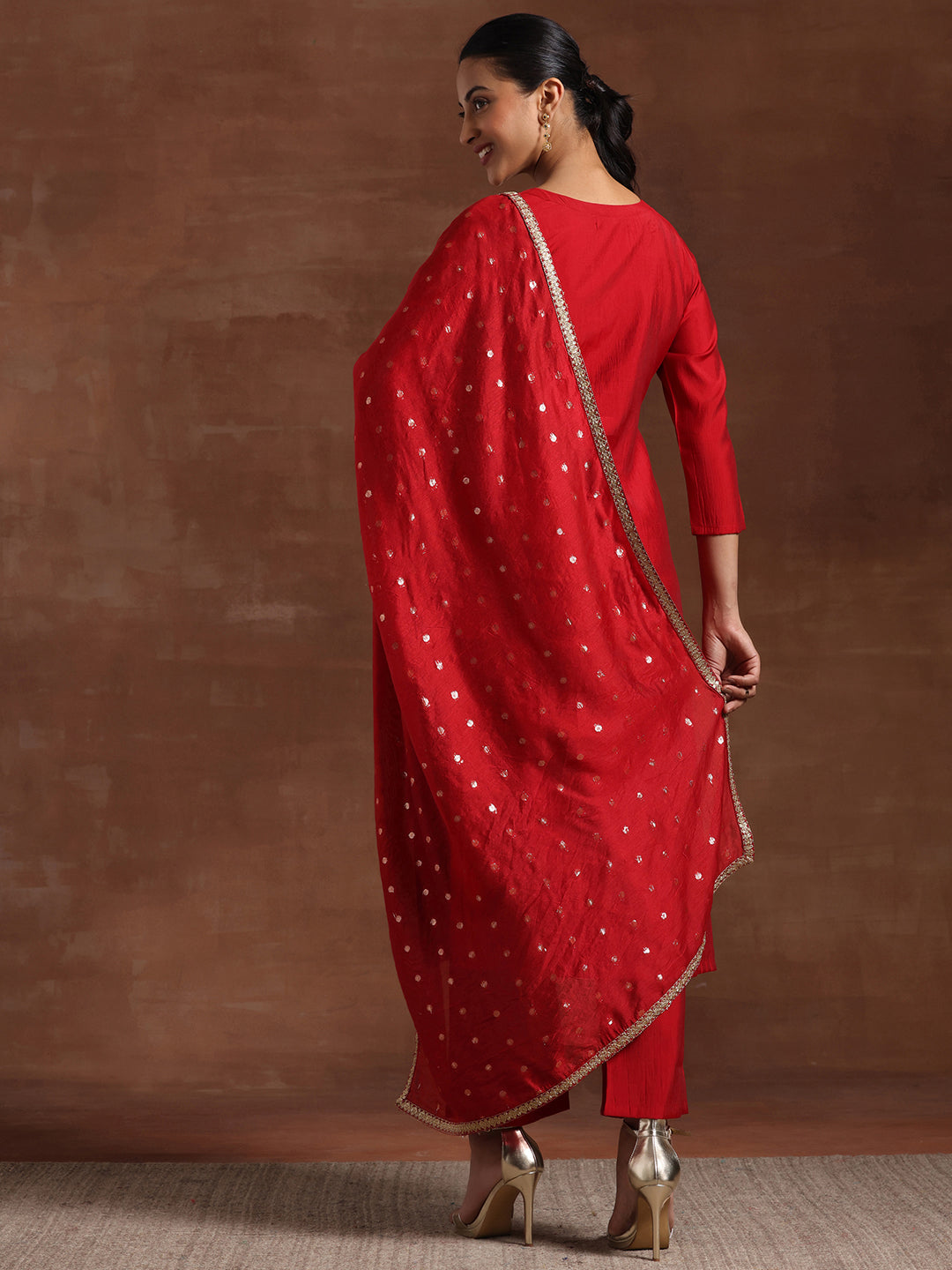 Maroon Self Design Silk Blend Straight Suit With Dupatta