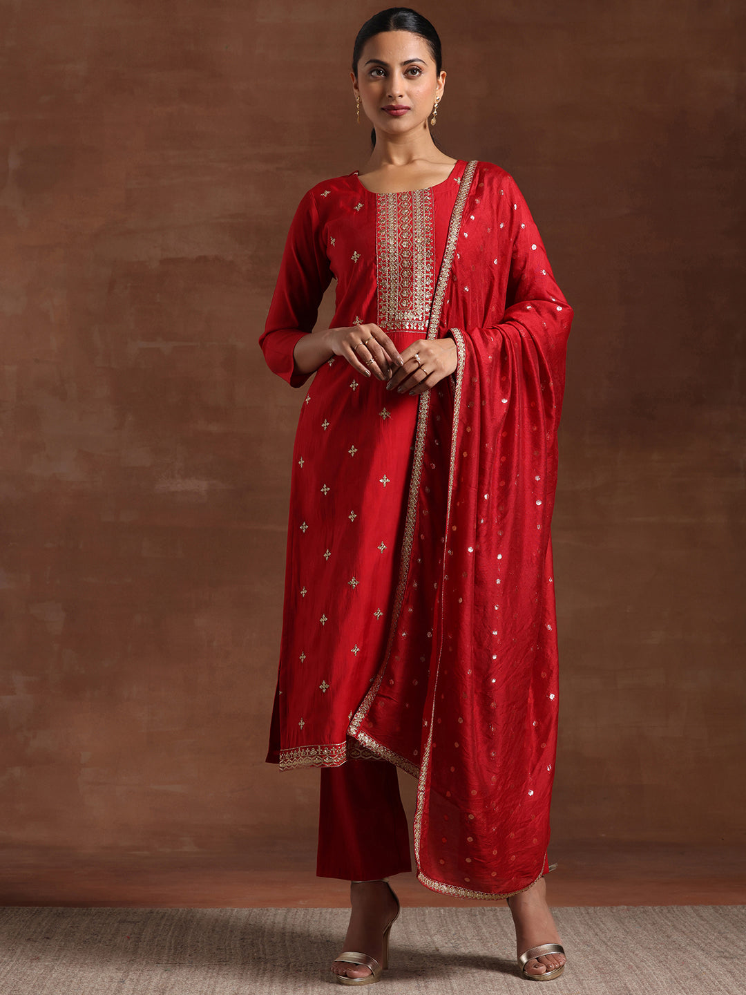 Maroon Self Design Silk Blend Straight Suit With Dupatta