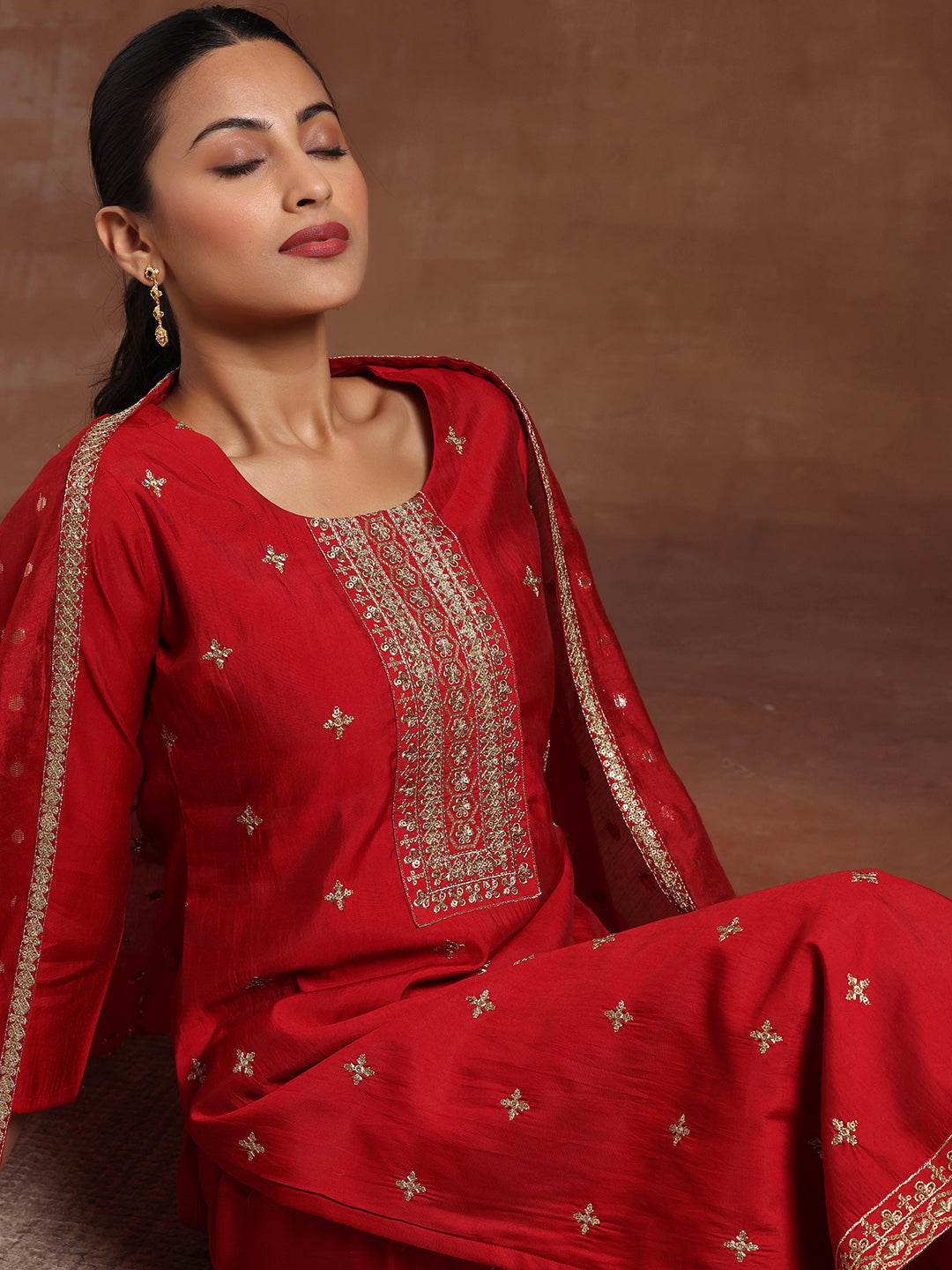 Maroon Self Design Silk Blend Straight Suit With Dupatta