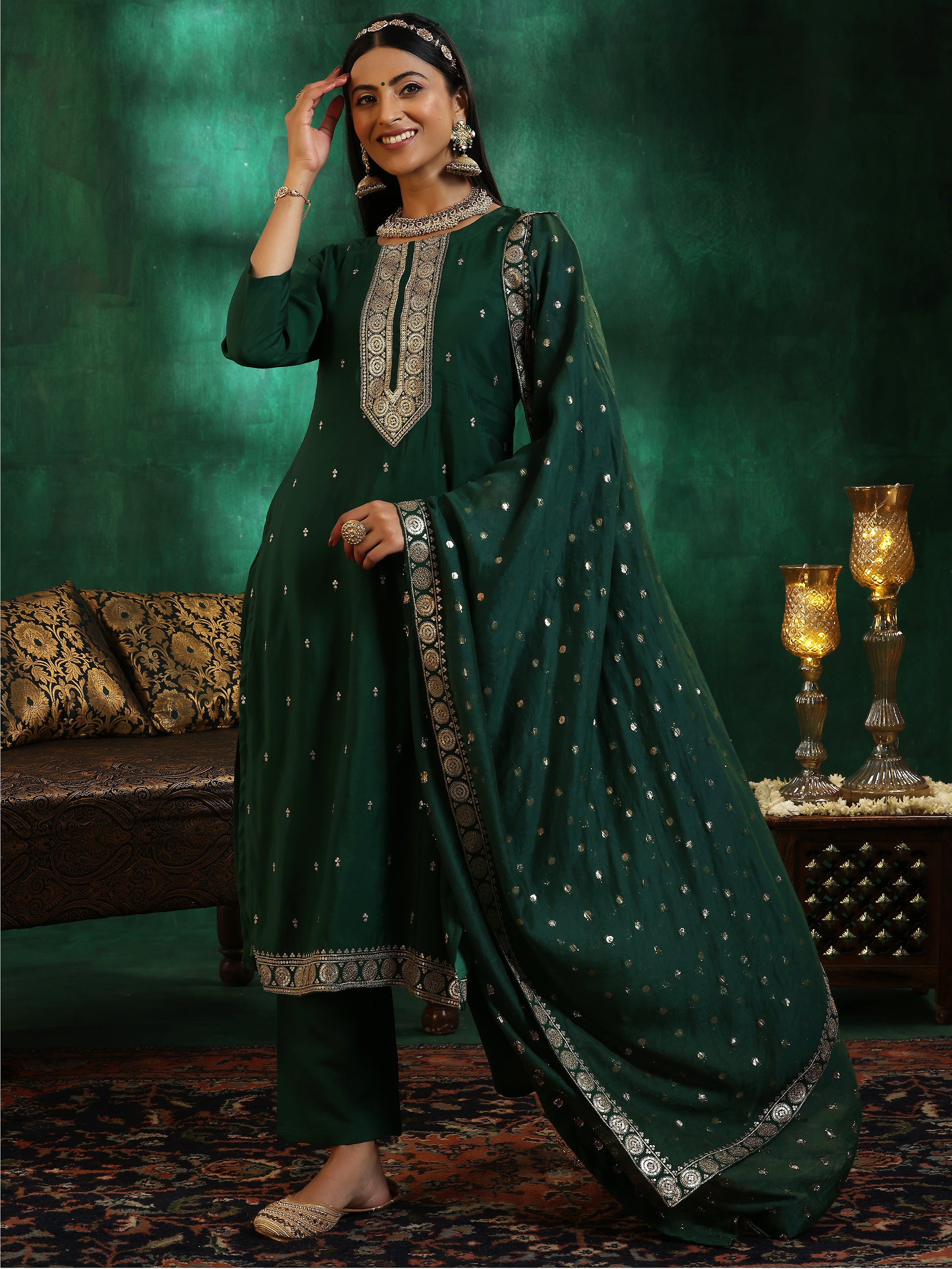 Green Self Design Silk Blend Straight Suit With Dupatta