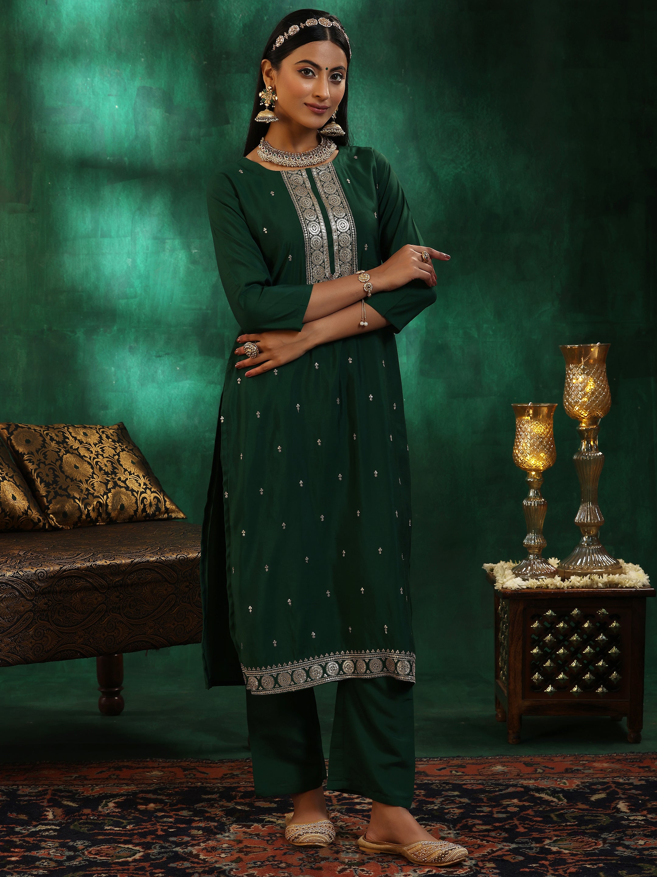 Green Self Design Silk Blend Straight Suit With Dupatta