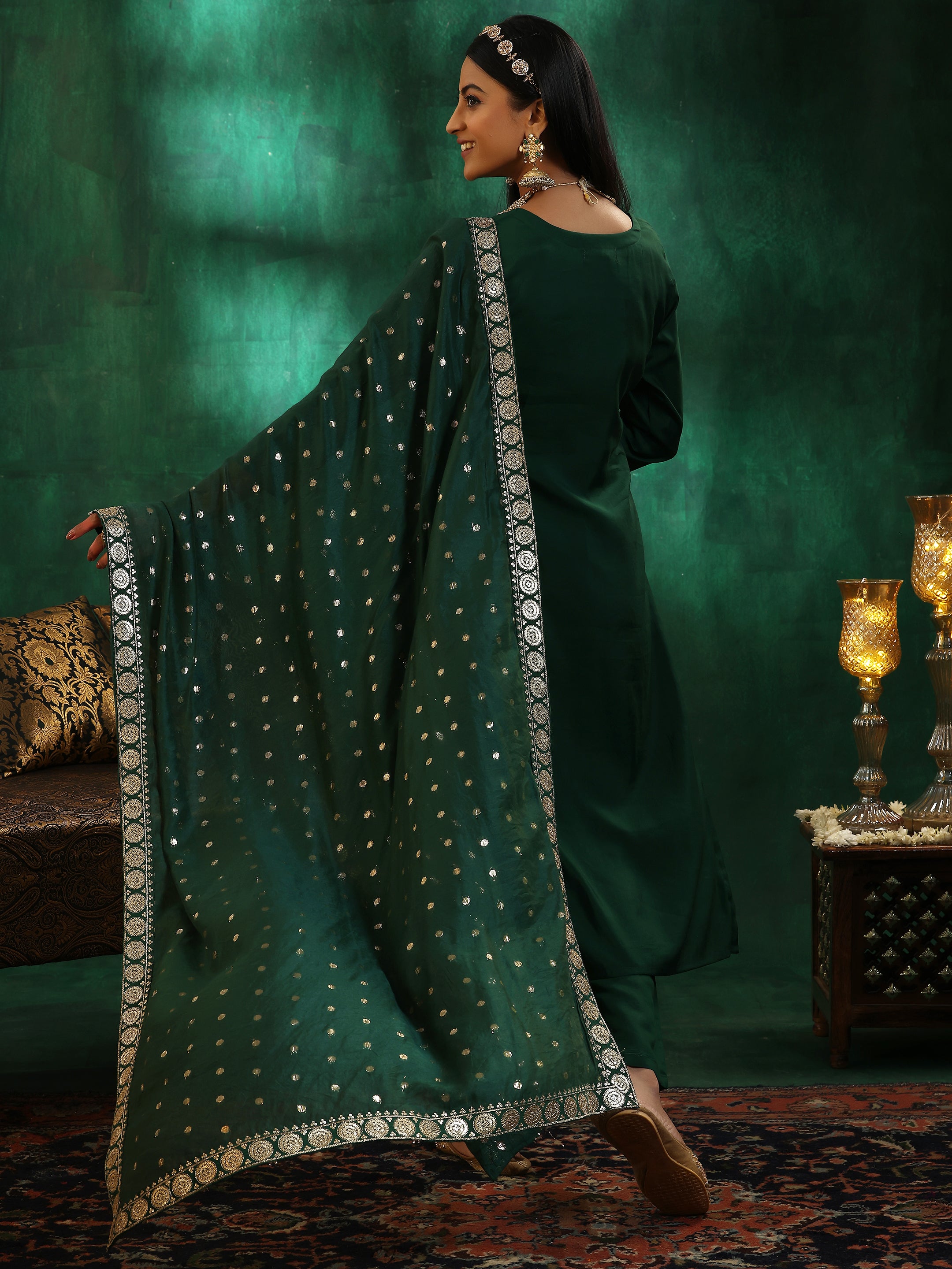 Green Self Design Silk Blend Straight Suit With Dupatta