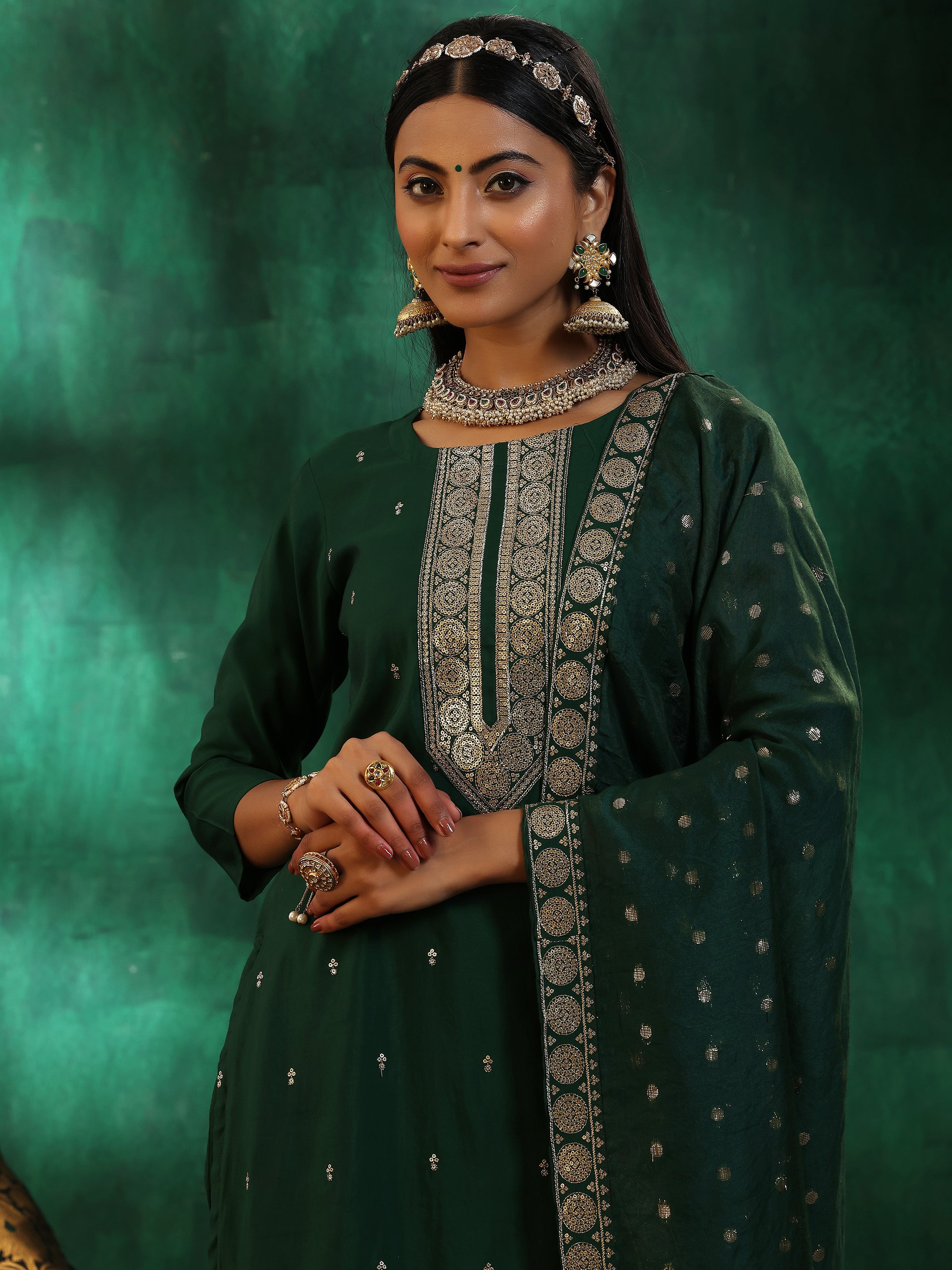 Green Self Design Silk Blend Straight Suit With Dupatta