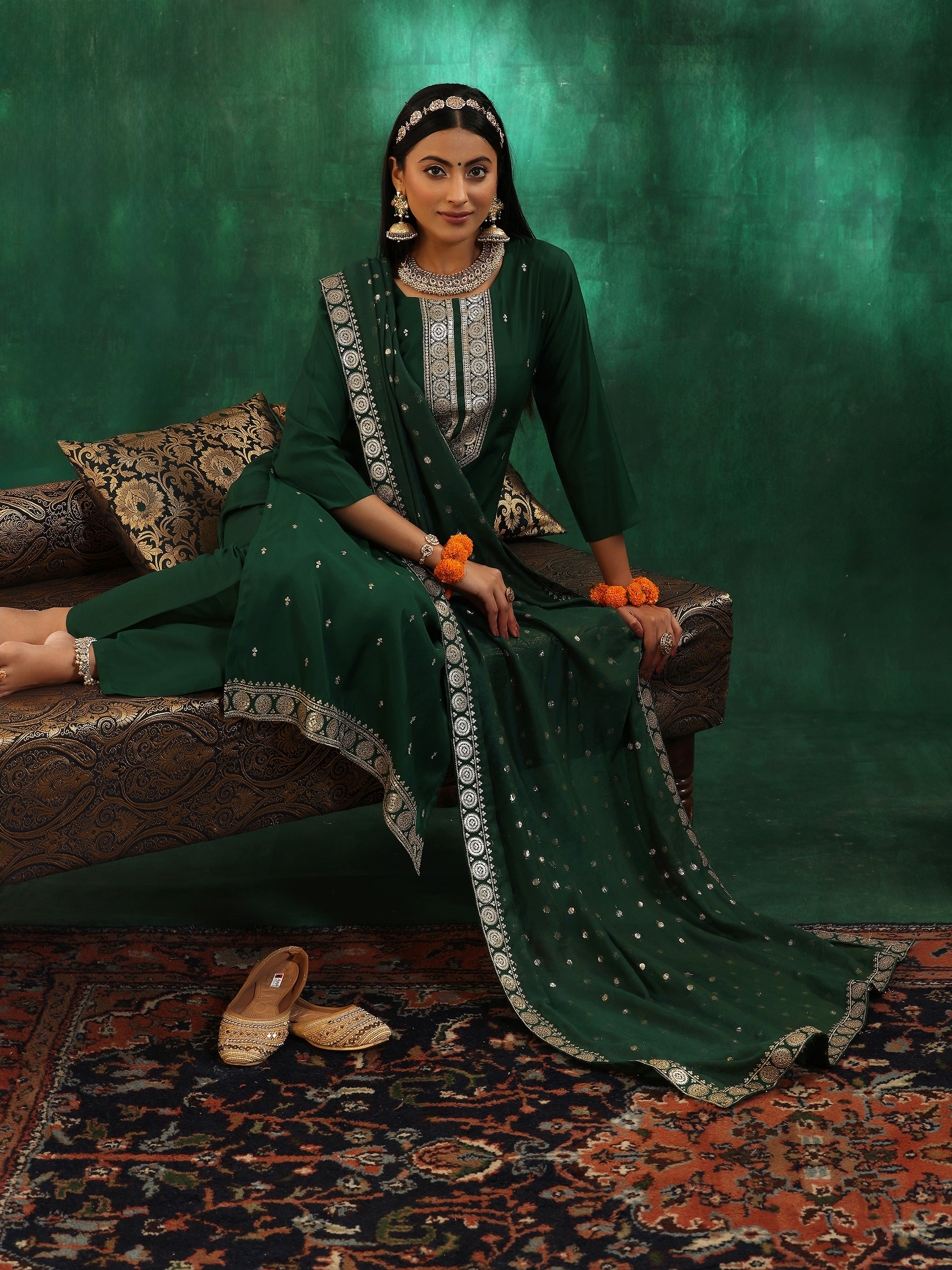 Green Self Design Silk Blend Straight Suit With Dupatta