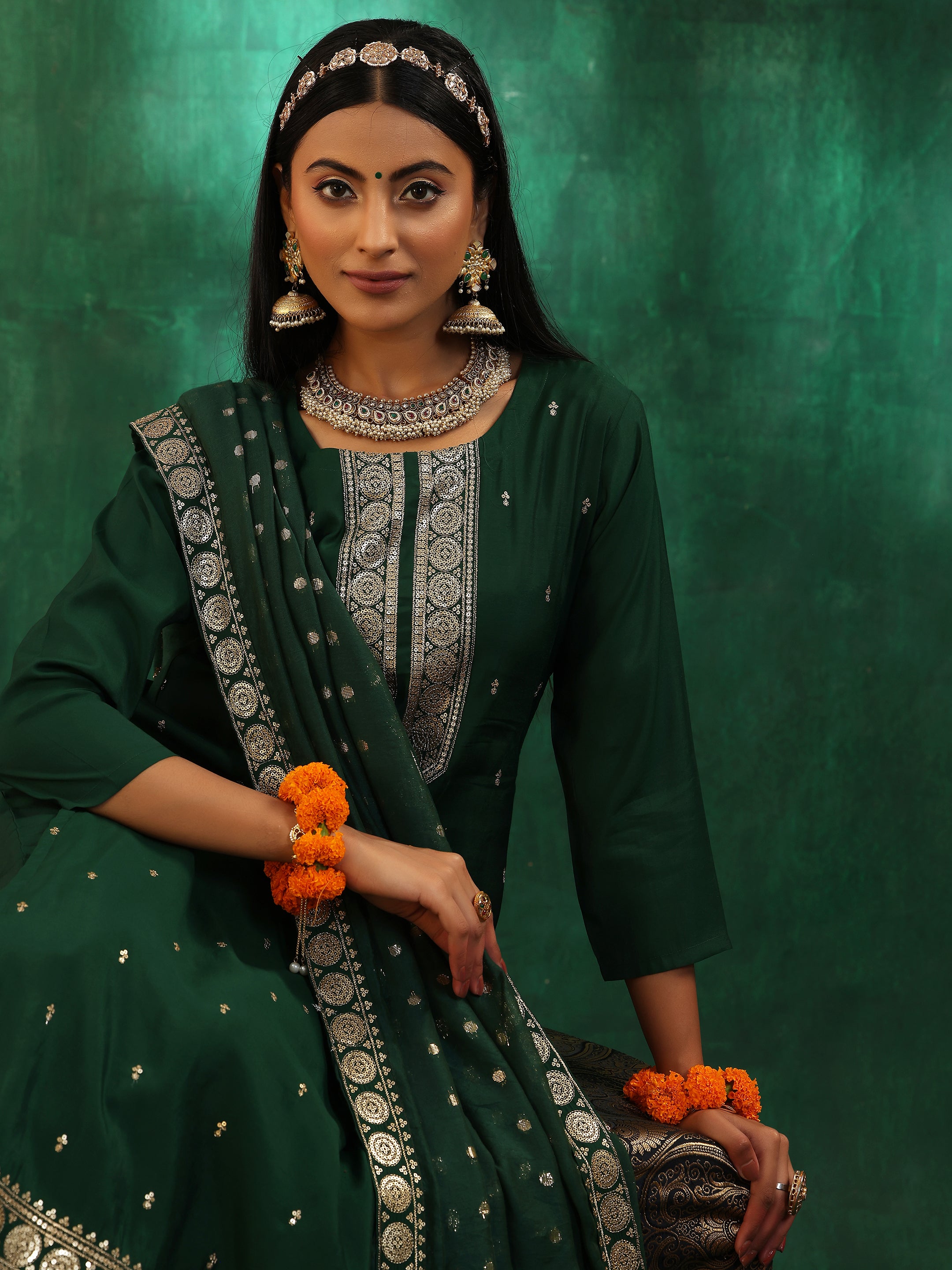 Green Self Design Silk Blend Straight Suit With Dupatta