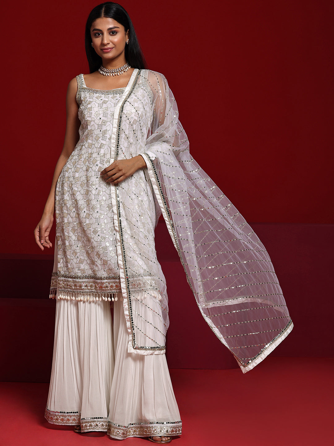 Libas Art White Embroidered Georgette Straight Suit With Dupatta