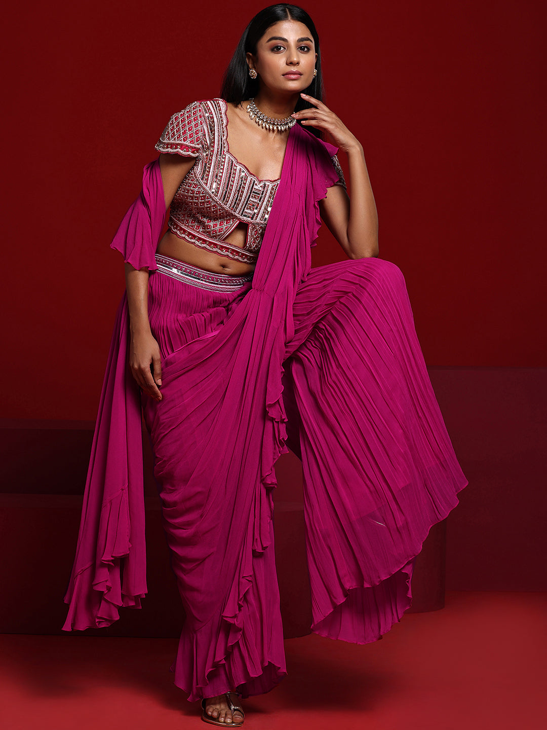 Libas Art Pink Embellished Silk Blend Palazzo Saree