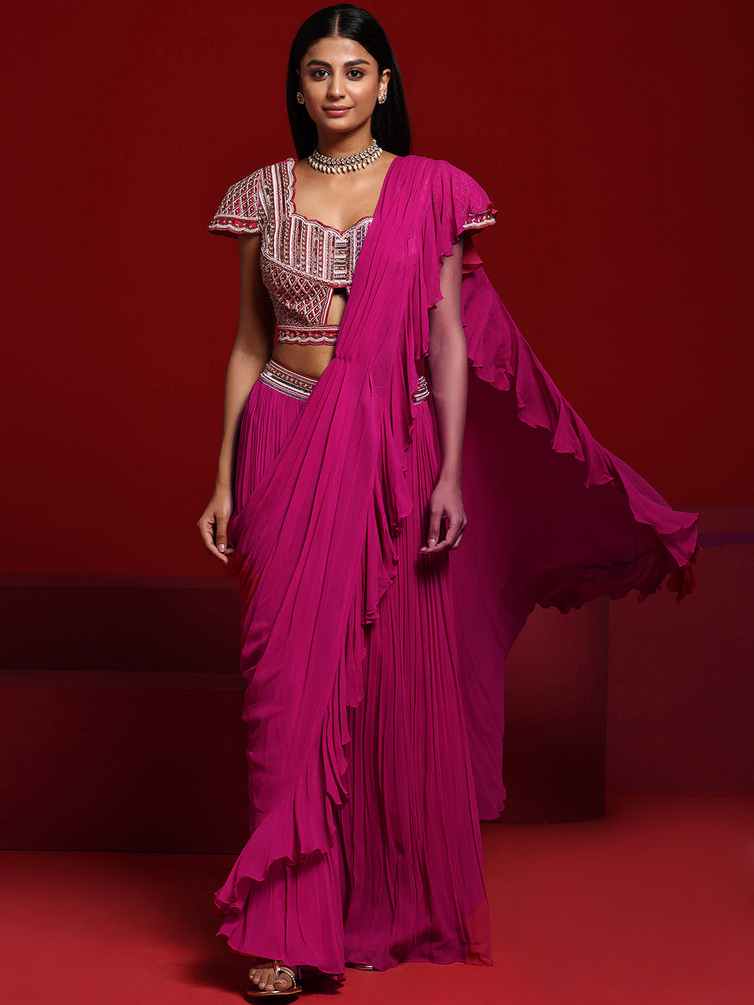 Libas Art Pink Embellished Silk Blend Palazzo Saree