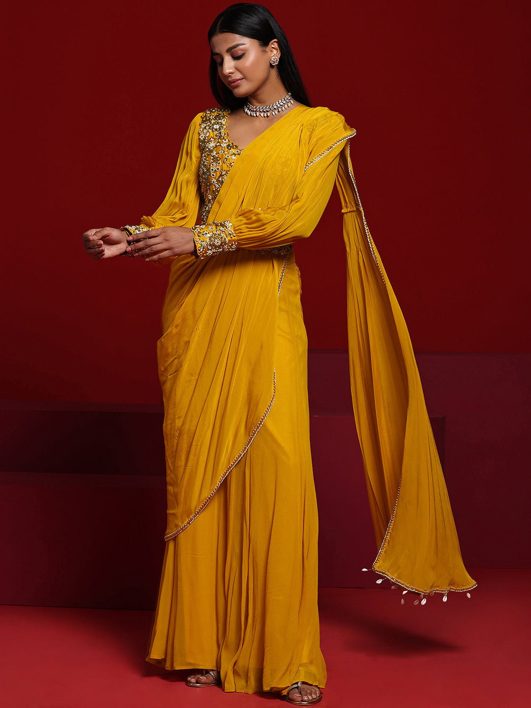 Libas Art Mustard Embellished Silk Blend Palazzo Saree