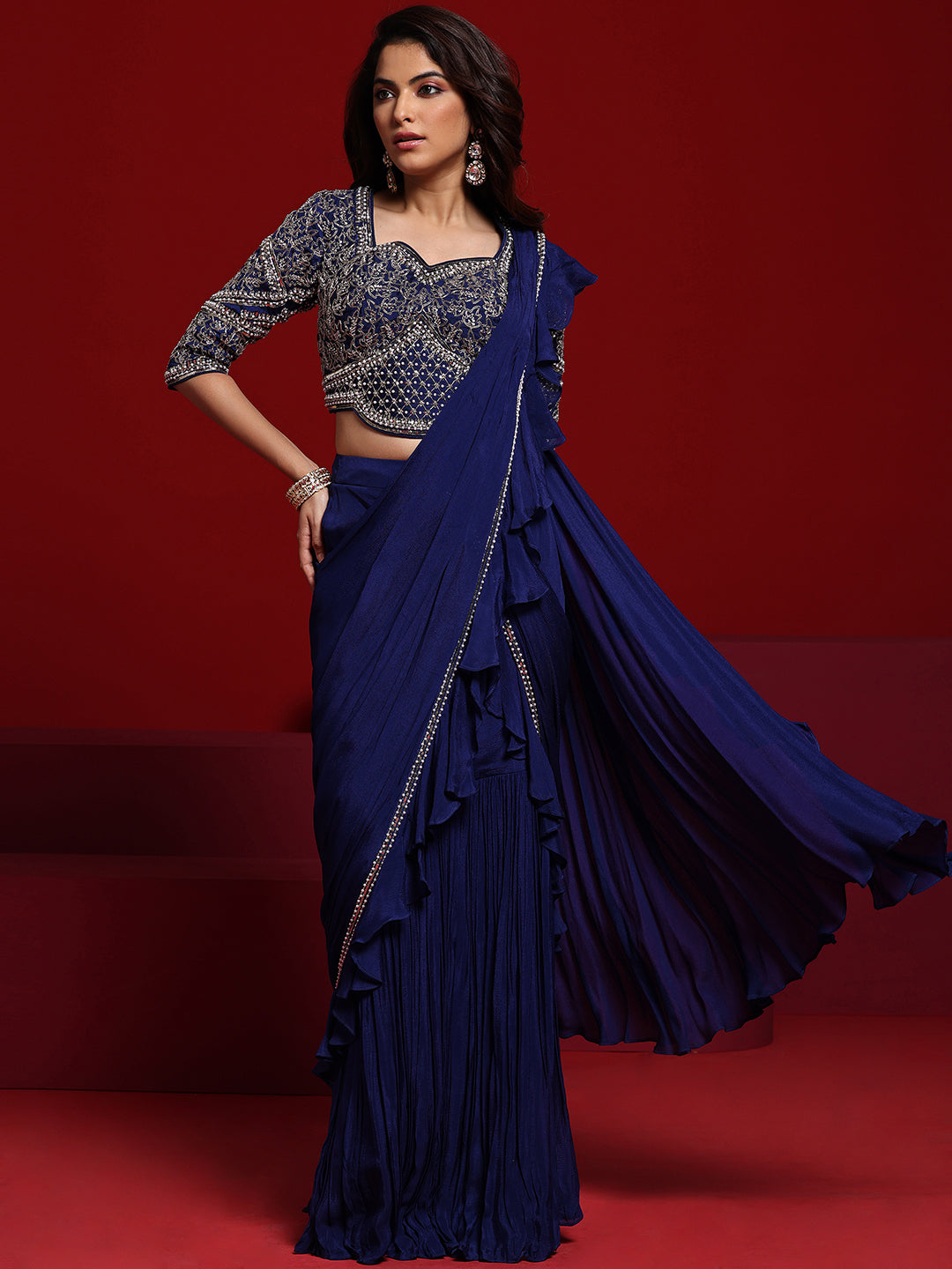 Libas Art Blue Embellished Silk Blend Skirt Saree