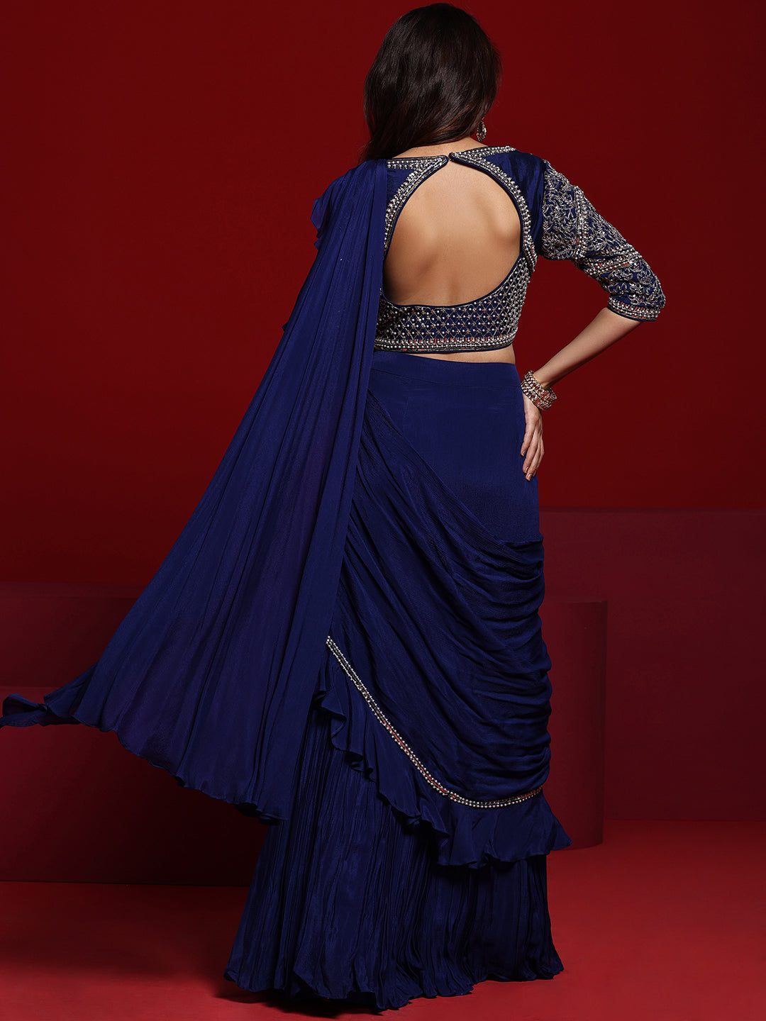 Libas Art Blue Embellished Silk Blend Skirt Saree