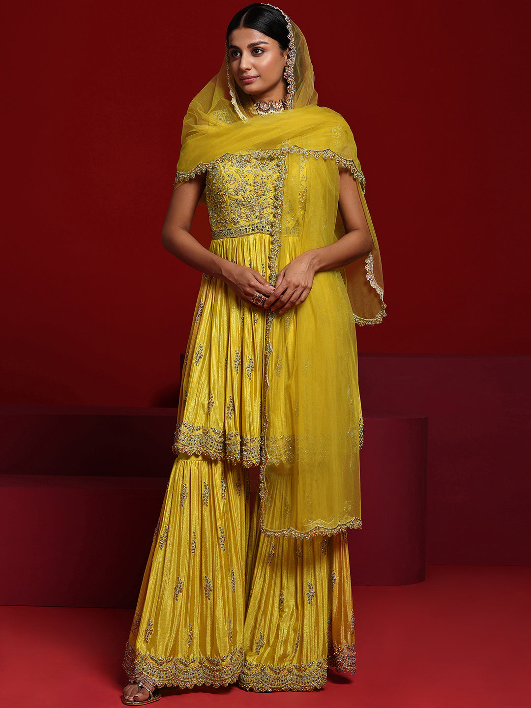 Libas Art Mustard Embroidered Rayon Anarkali Suit With Dupatta