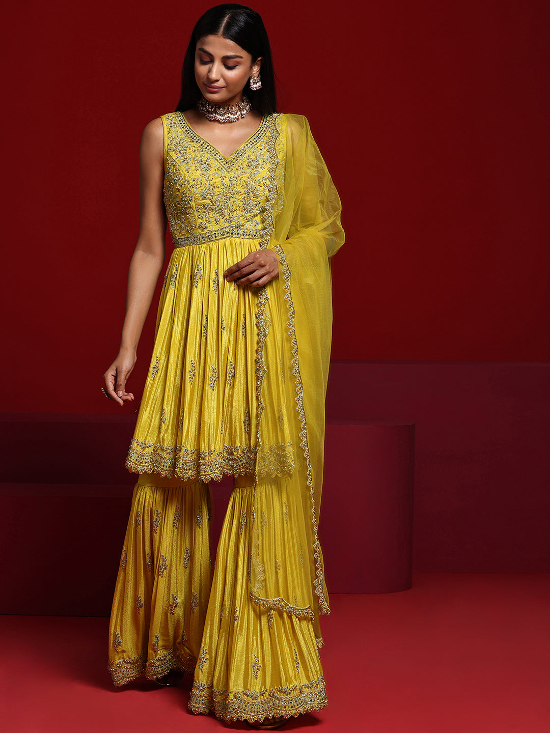 Libas Art Mustard Embroidered Rayon Anarkali Suit With Dupatta