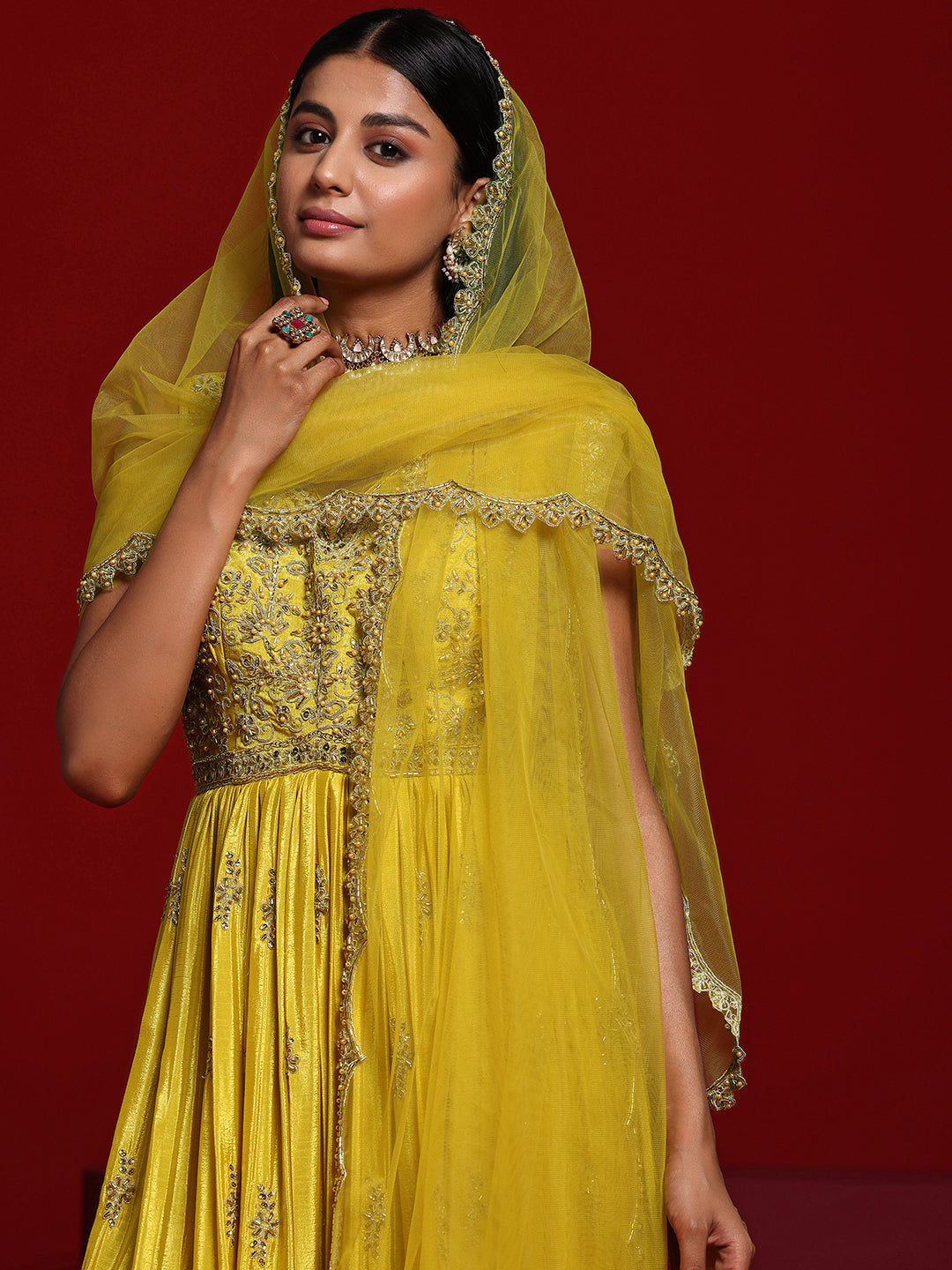 Libas Art Mustard Embroidered Rayon Anarkali Suit With Dupatta