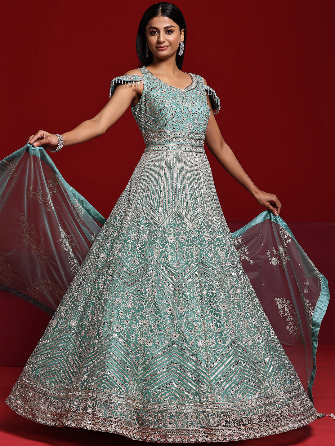 Libas Art Sea Green Embellished Nylon Gown With Dupatta