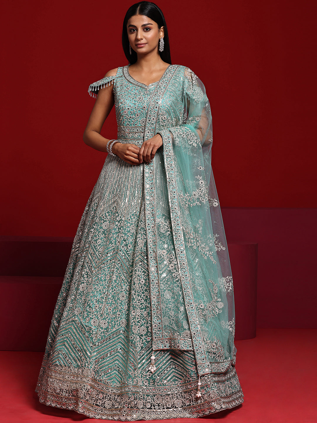 Libas Art Sea Green Embellished Nylon Gown With Dupatta