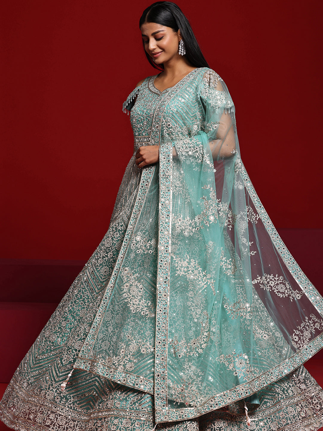 Libas Art Sea Green Embellished Nylon Gown With Dupatta