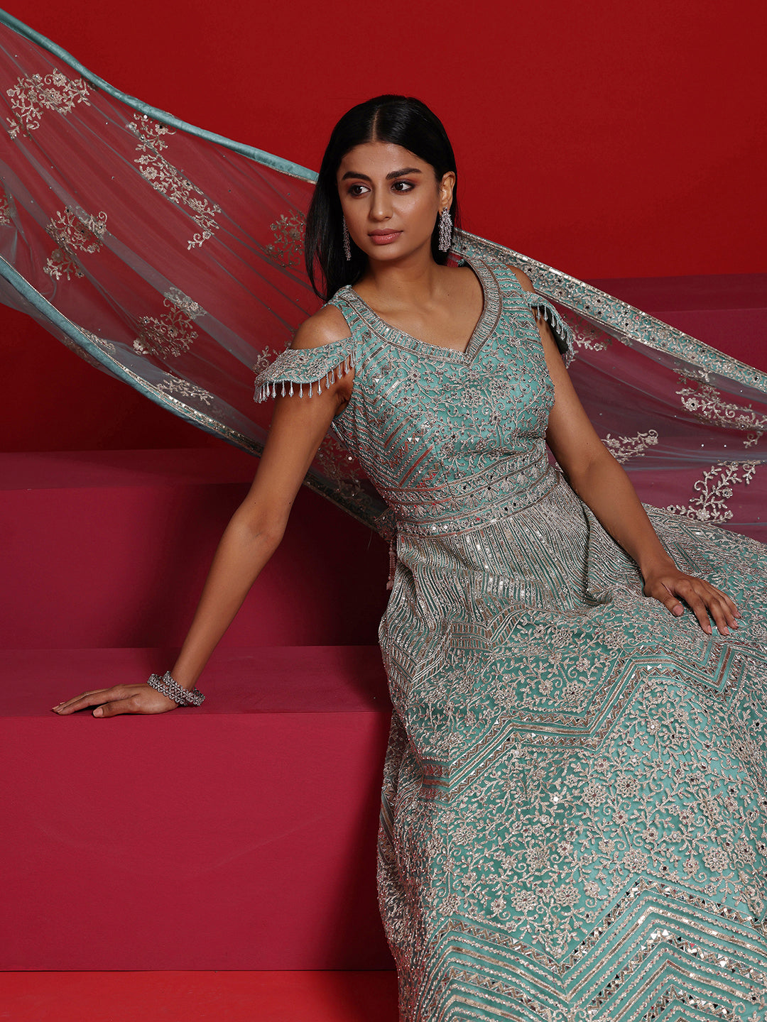 Libas Art Sea Green Embellished Nylon Gown With Dupatta