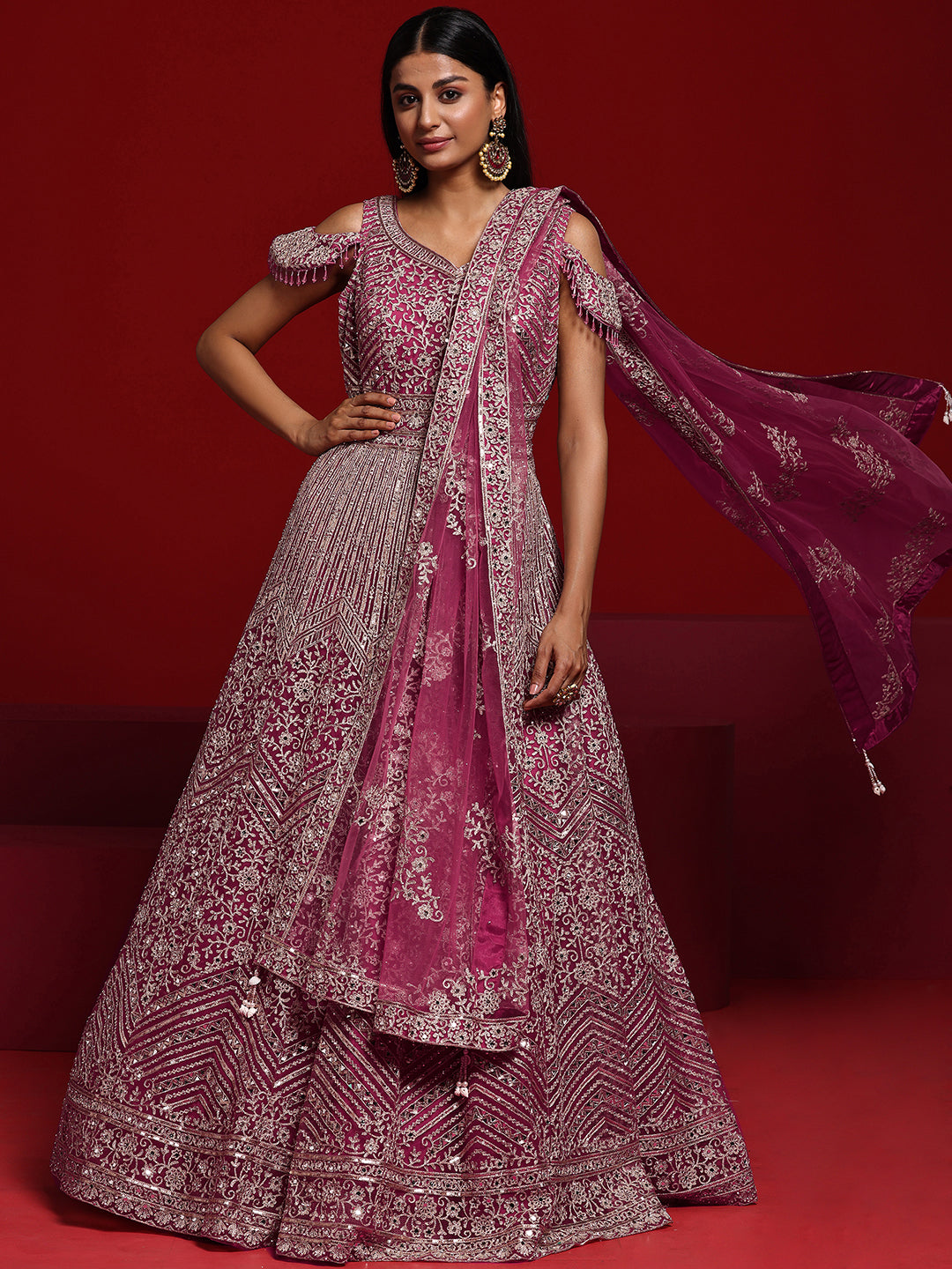 Libas Art Pink Embellished Nylon Gown With Dupatta