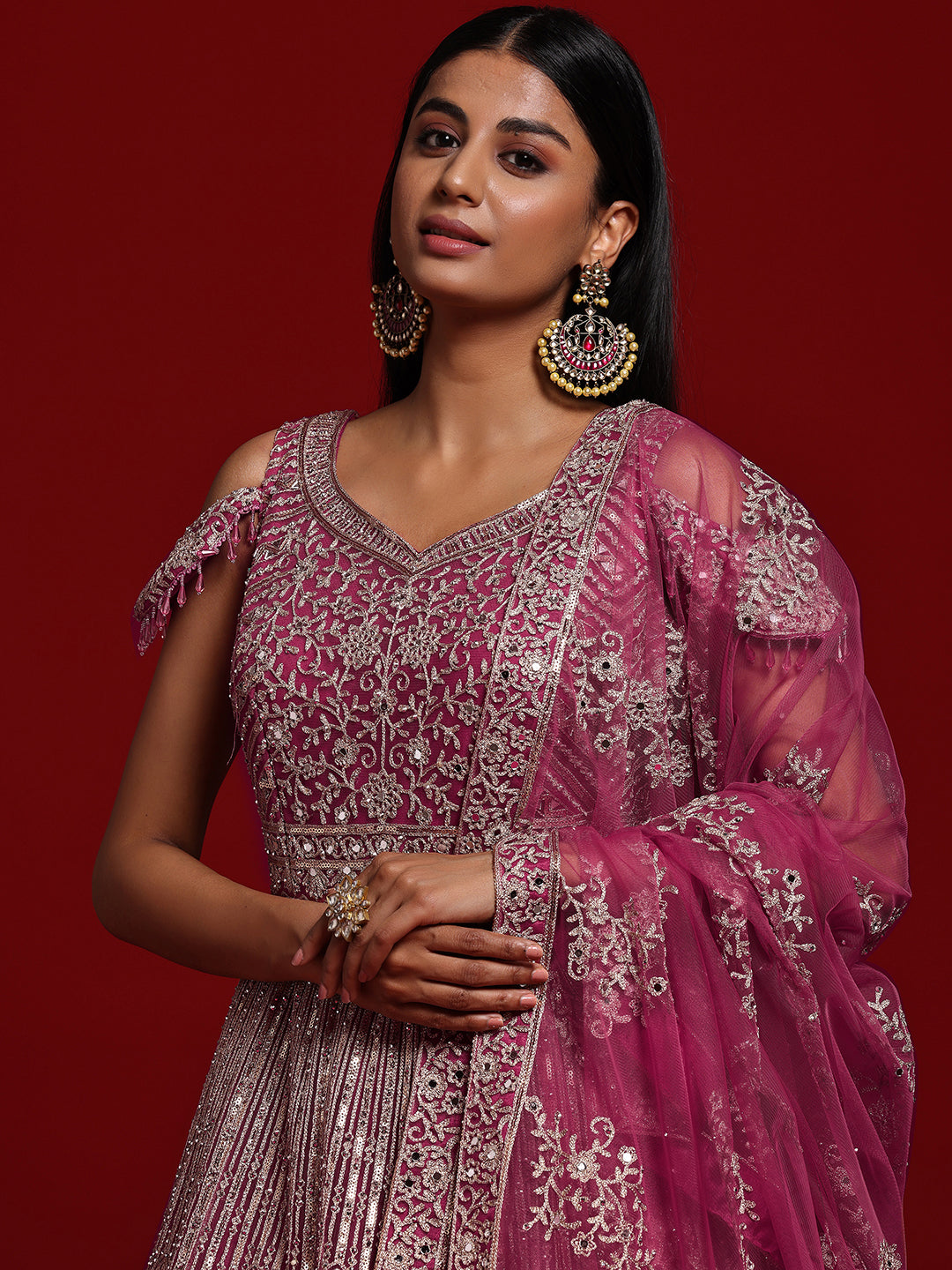 Libas Art Pink Embellished Nylon Gown With Dupatta