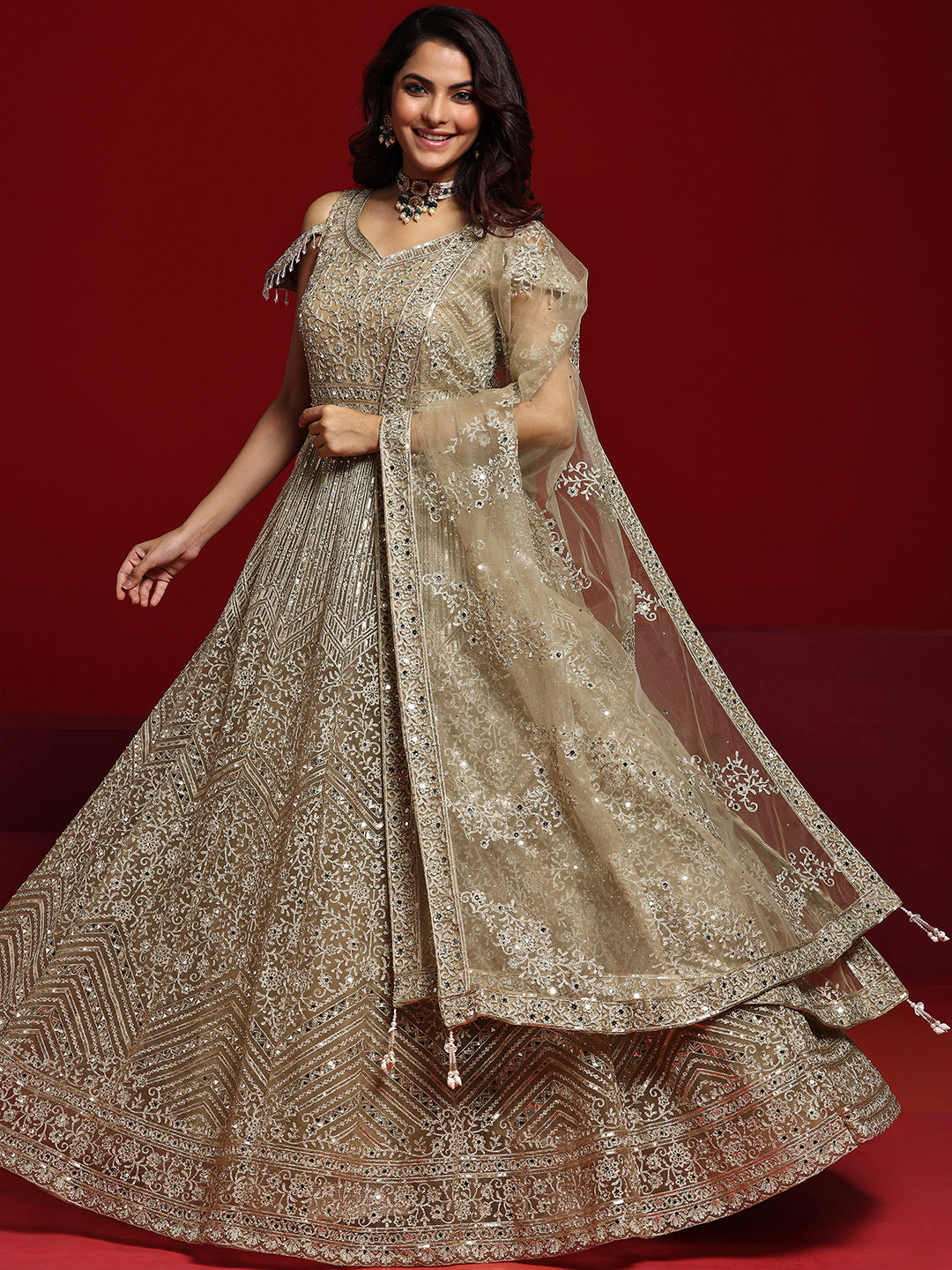 Libas Art Beige Embellished Nylon Gown With Dupatta