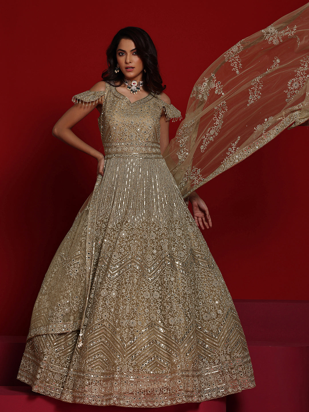 Libas Art Beige Embellished Nylon Gown With Dupatta