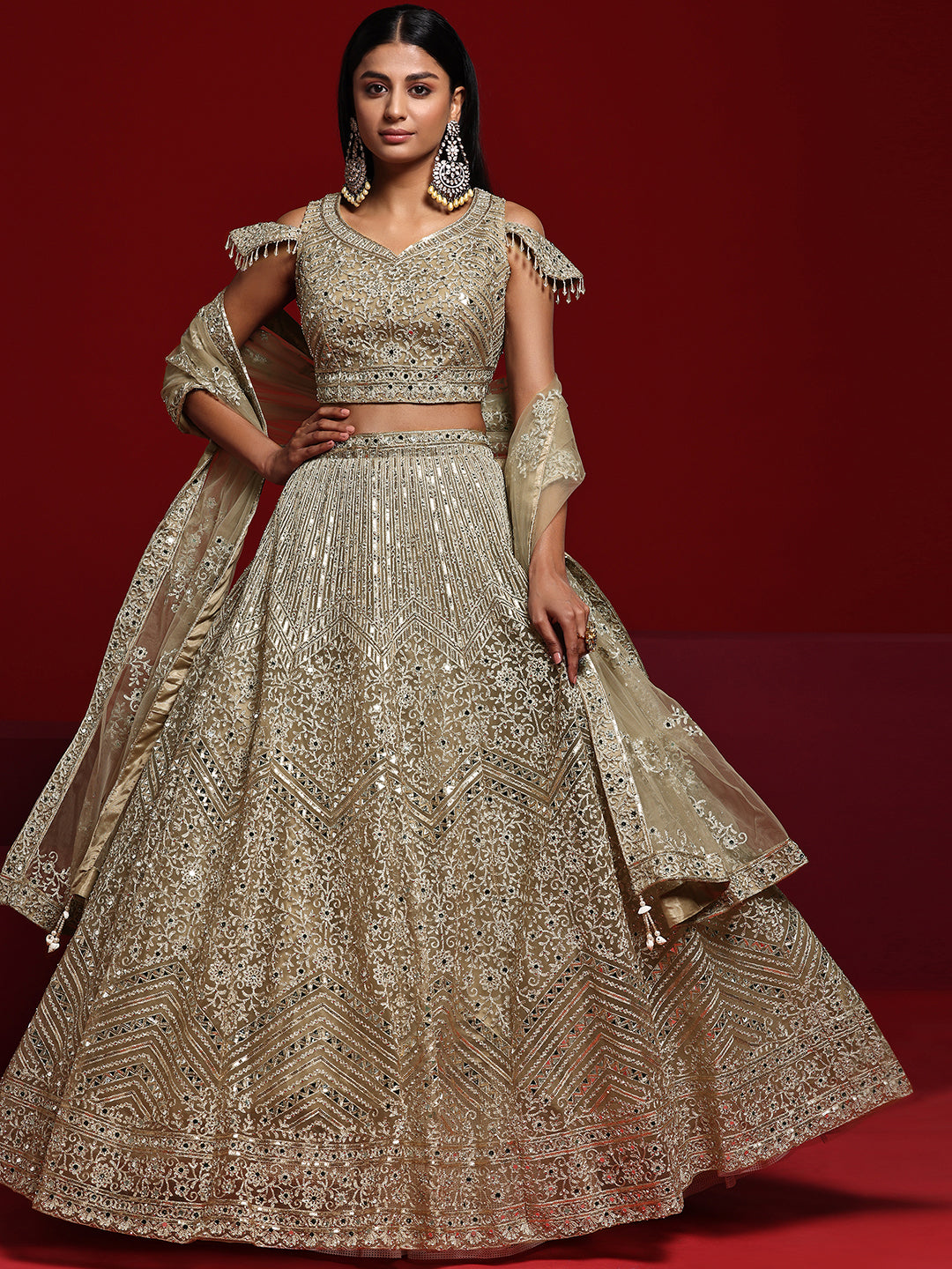 Libas Art Beige Embellished Net Lehenga Set