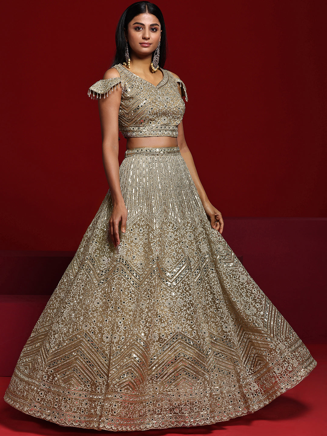 Libas Art Beige Embellished Net Lehenga Set