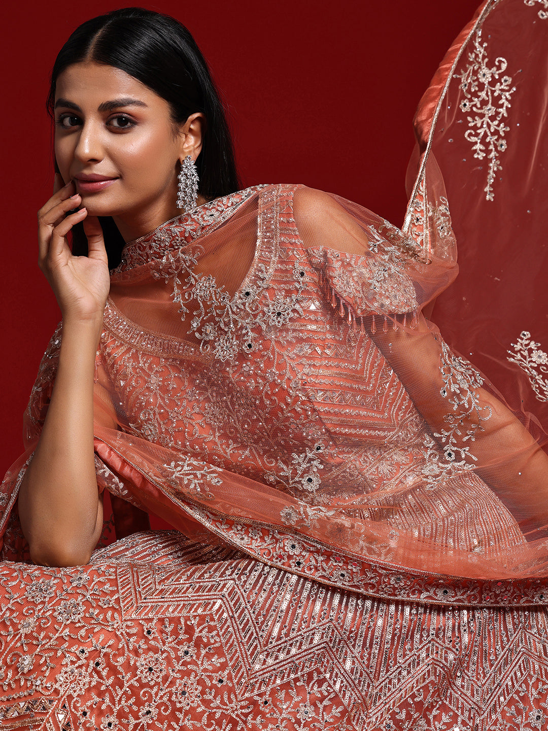 Libas Art Peach Orange Embellished Nylon Gown With Dupatta