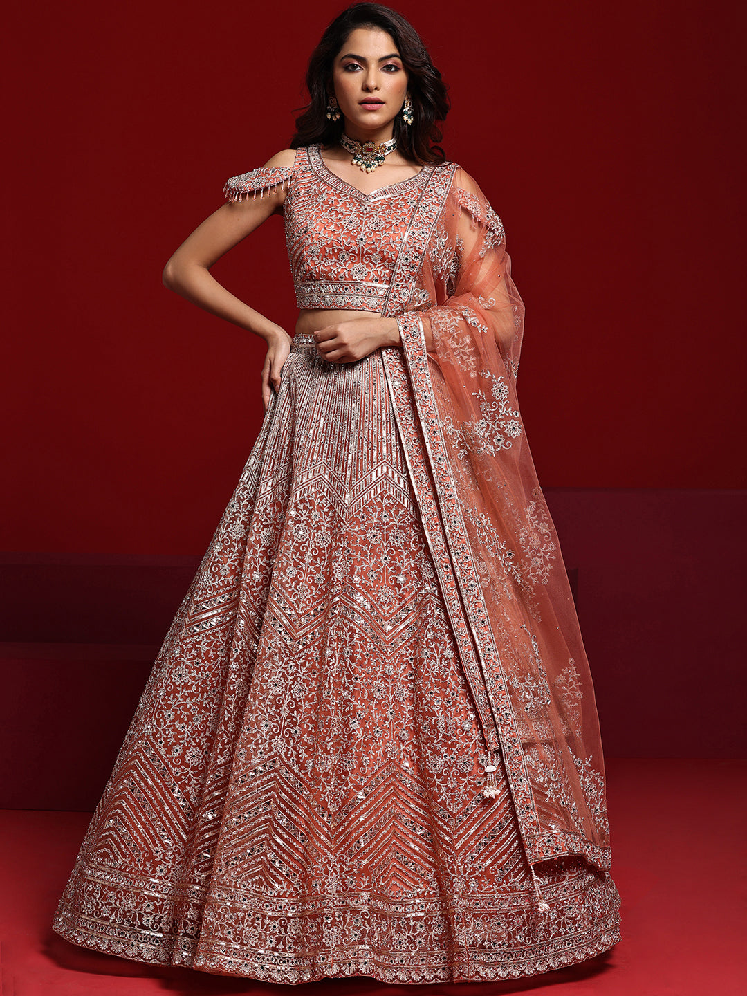 Libas Art Peach Embellished Net Lehenga Set