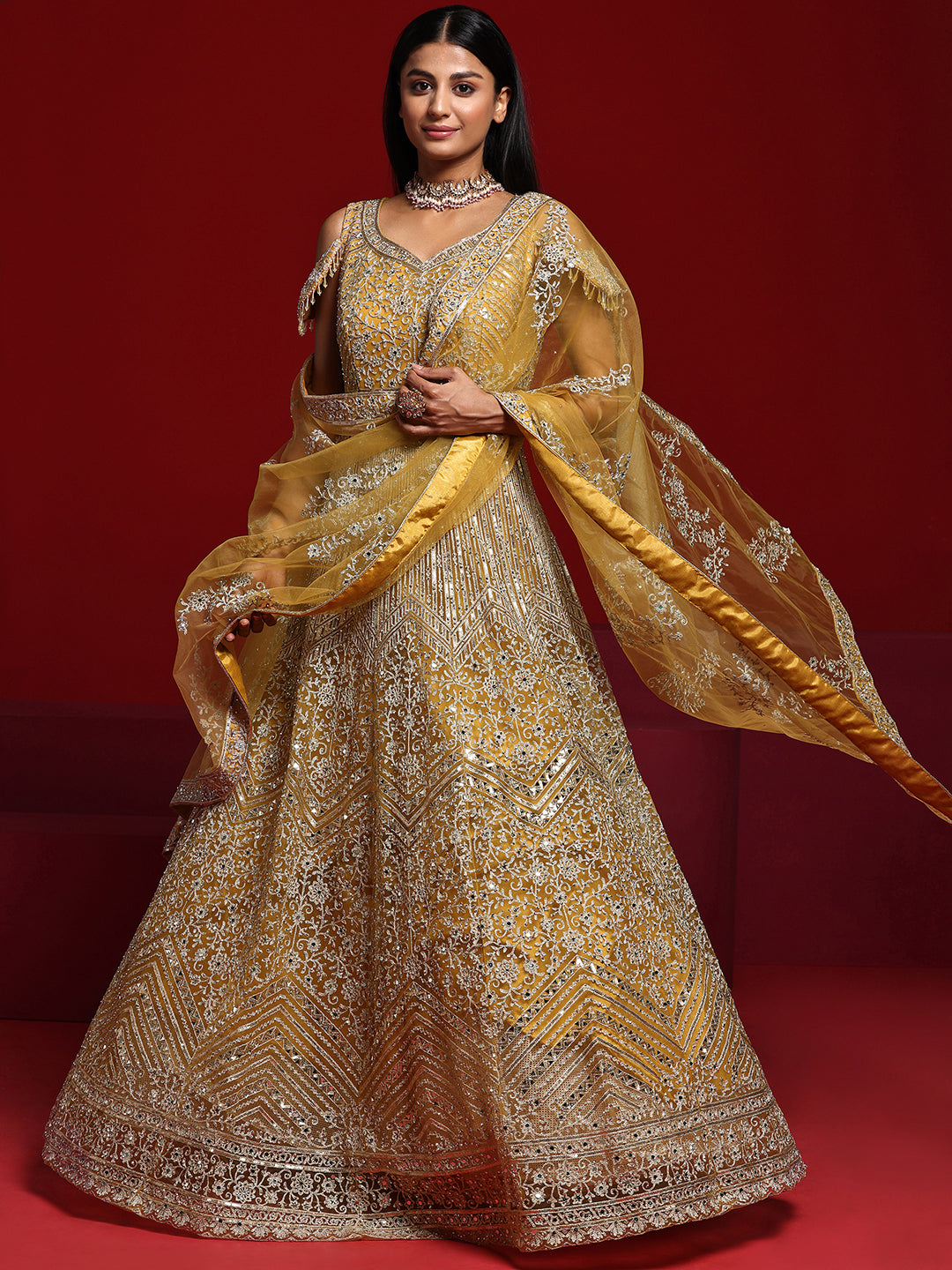 Libas Art Mustard Embellished Nylon Gown With Dupatta