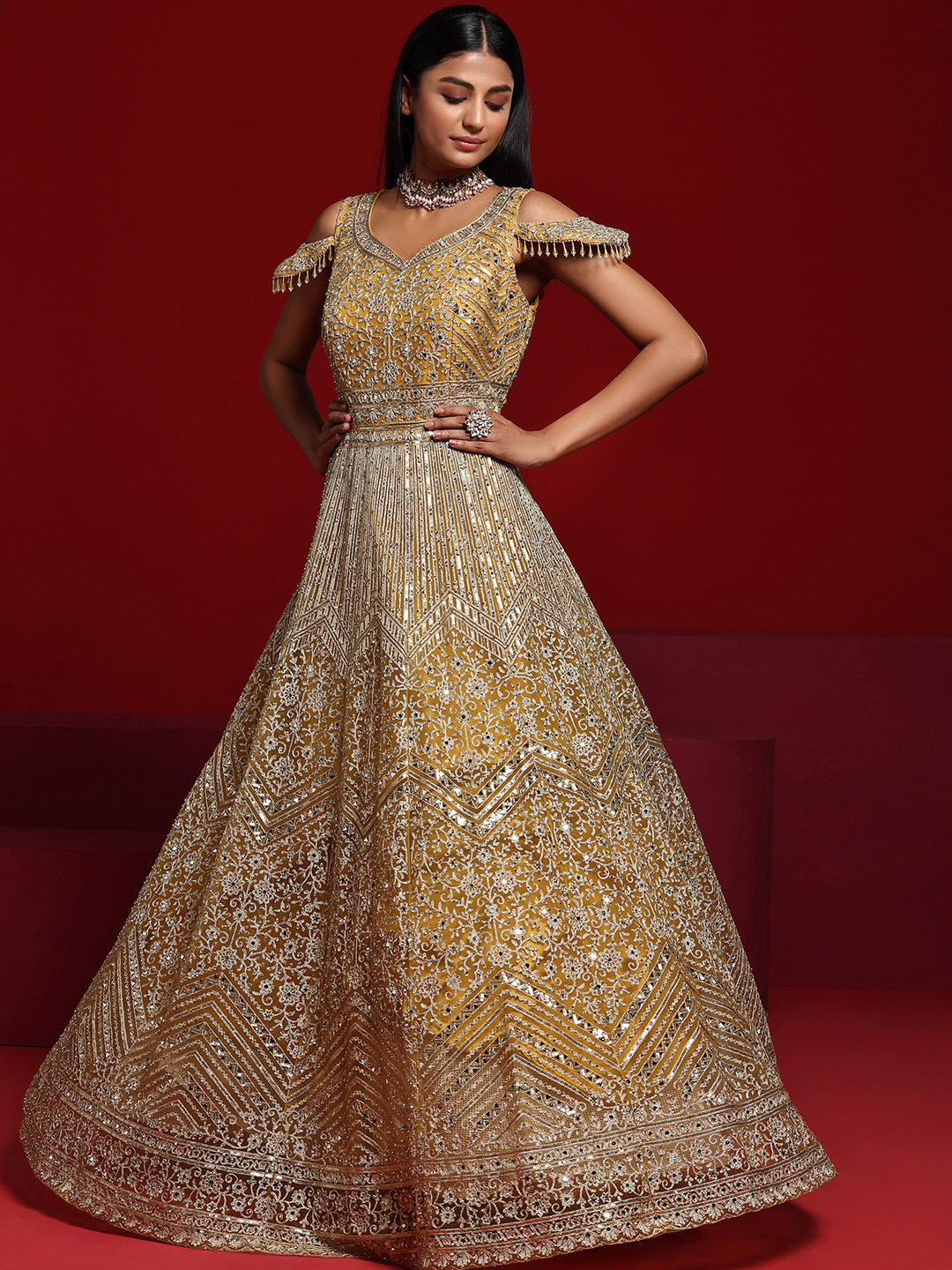 Libas Art Mustard Embellished Nylon Gown With Dupatta