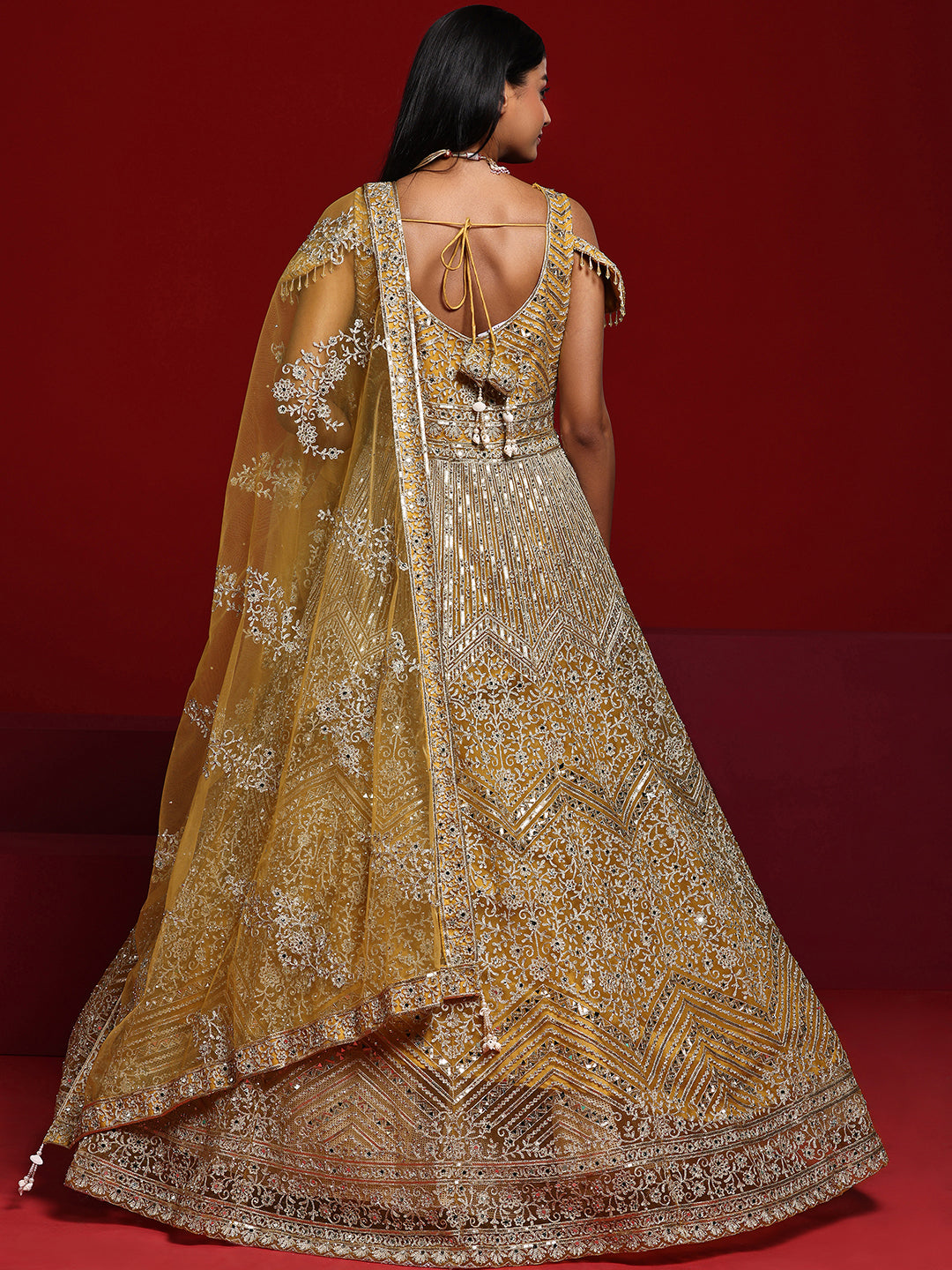 Libas Art Mustard Embellished Nylon Gown With Dupatta