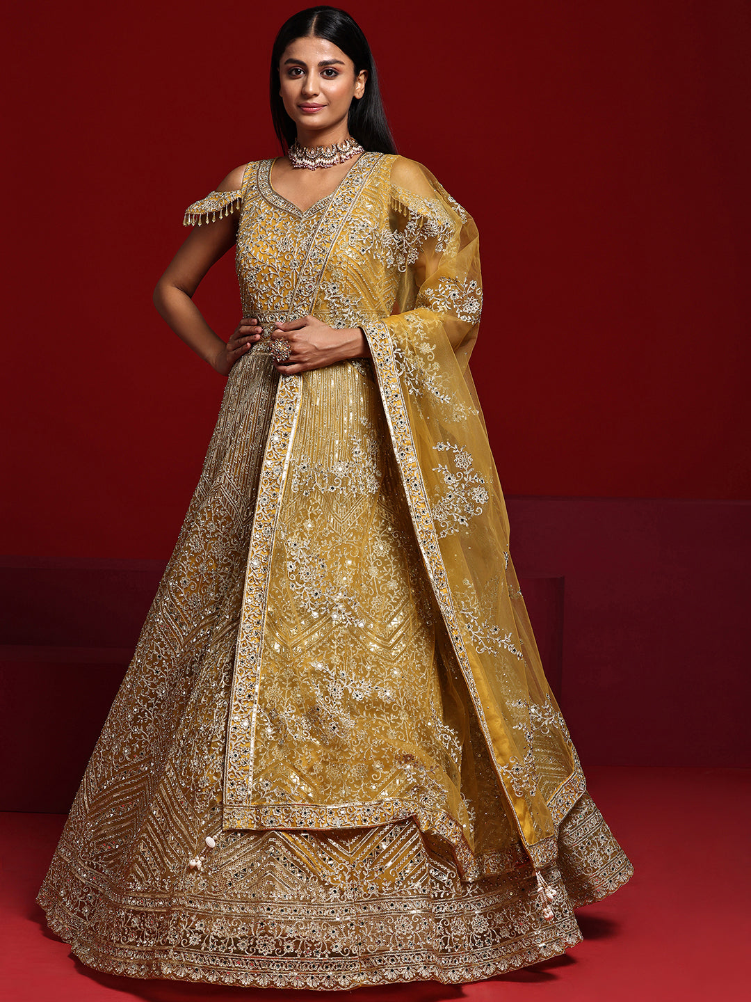 Libas Art Mustard Embellished Nylon Gown With Dupatta