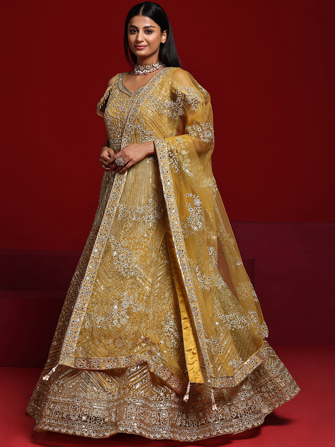 Libas Art Mustard Embellished Nylon Gown With Dupatta