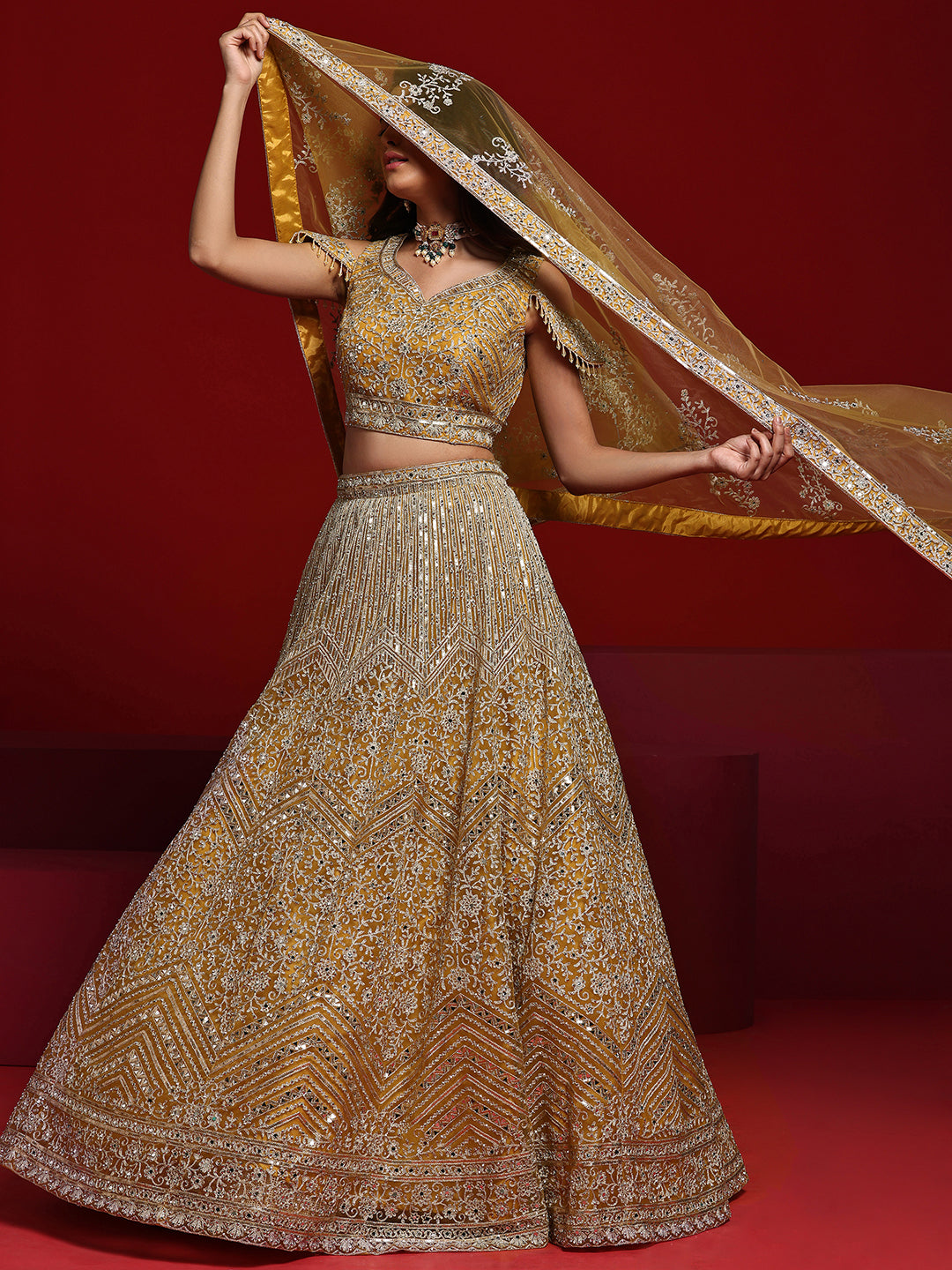 Libas Art Mustard Embellished Net Lehenga Set