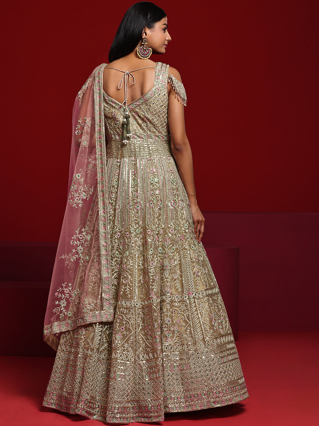 Libas Art Beige Embellished Nylon Gown With Dupatta