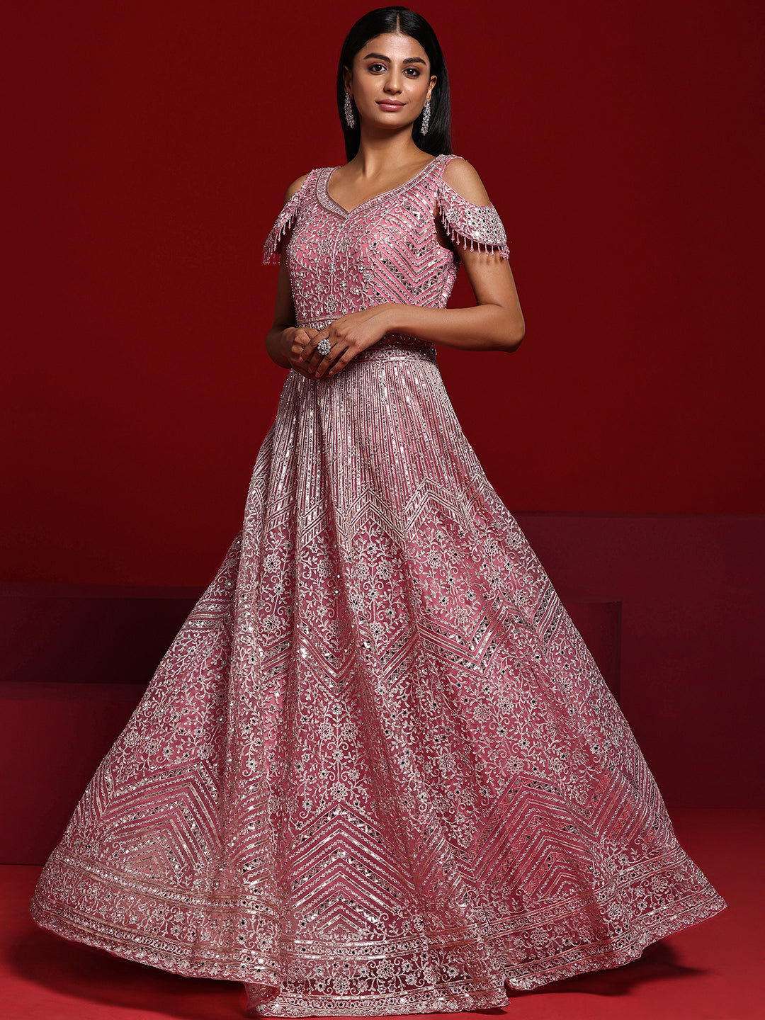 Libas Art Pink Embellished Nylon Gown With Dupatta