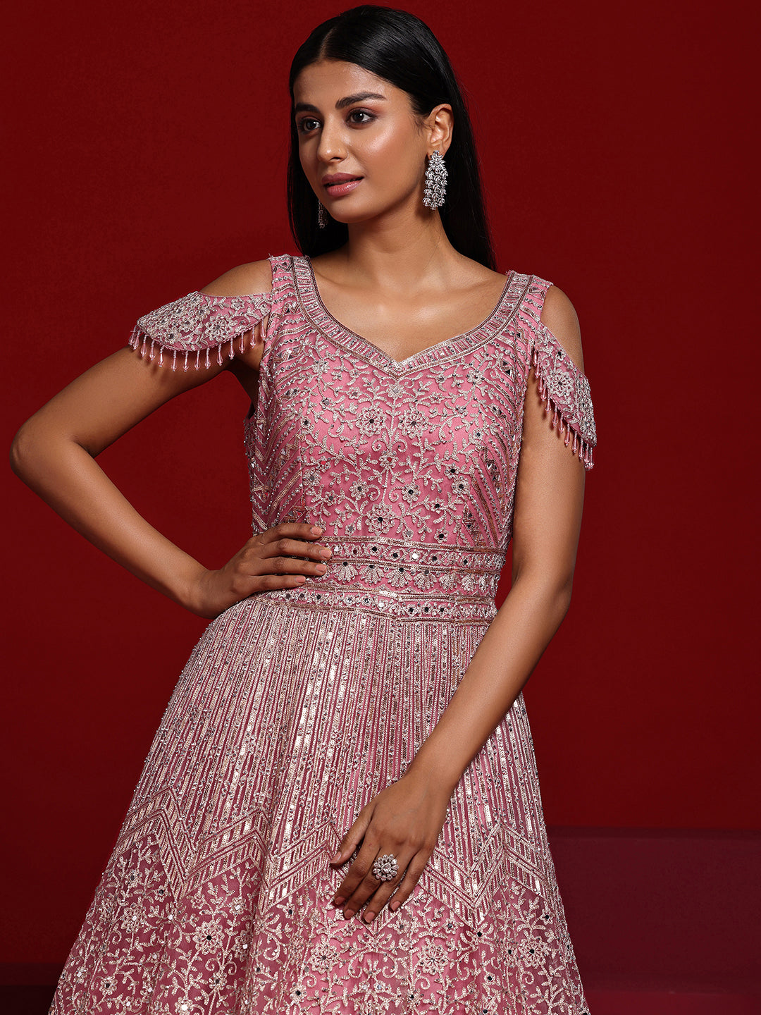 Libas Art Pink Embellished Nylon Gown With Dupatta