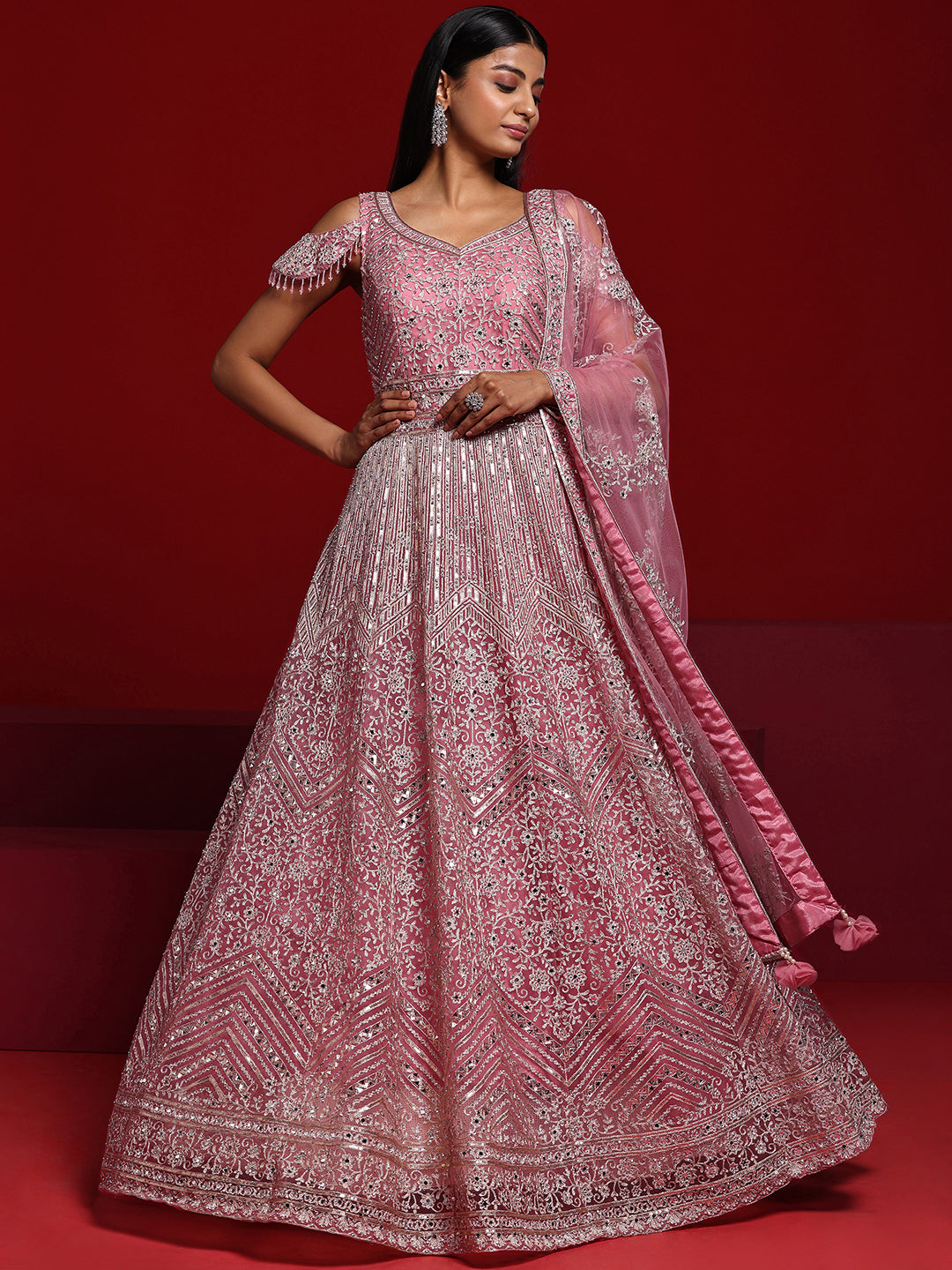 Libas Art Pink Embellished Nylon Gown With Dupatta