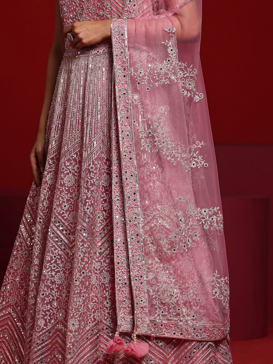 Libas Art Pink Embellished Nylon Gown With Dupatta