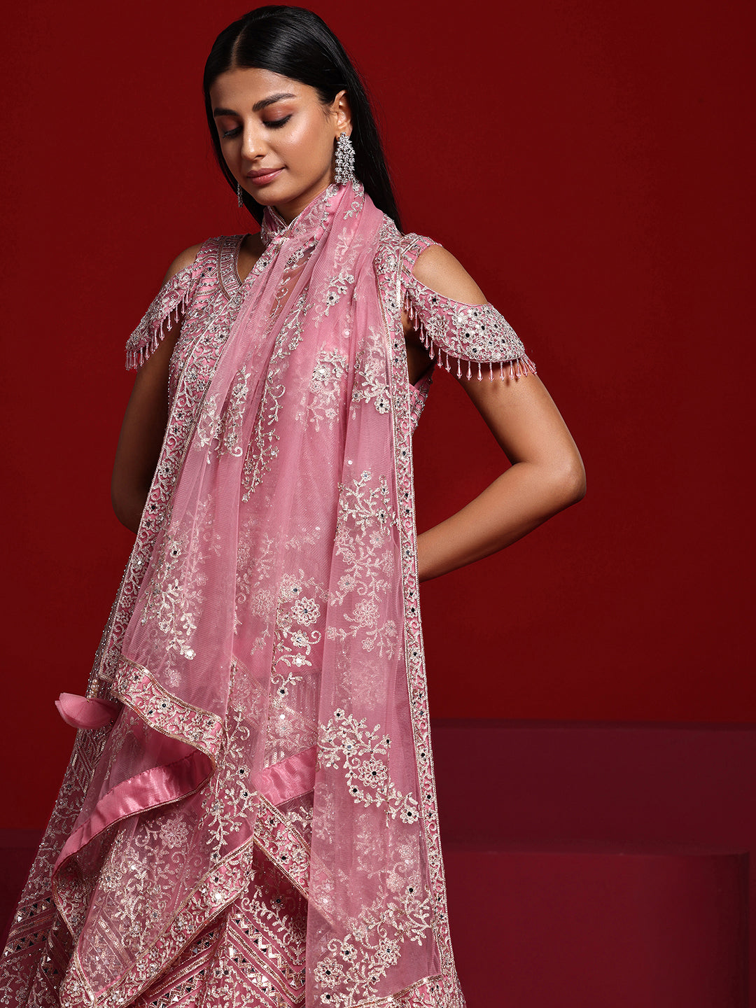 Libas Art Pink Embellished Nylon Gown With Dupatta