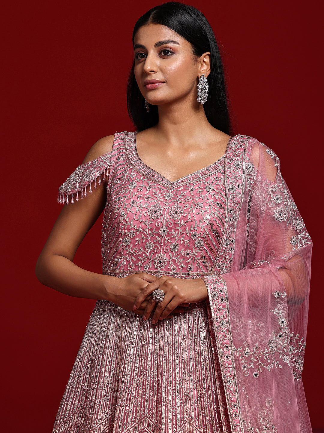 Libas Art Pink Embellished Nylon Gown With Dupatta